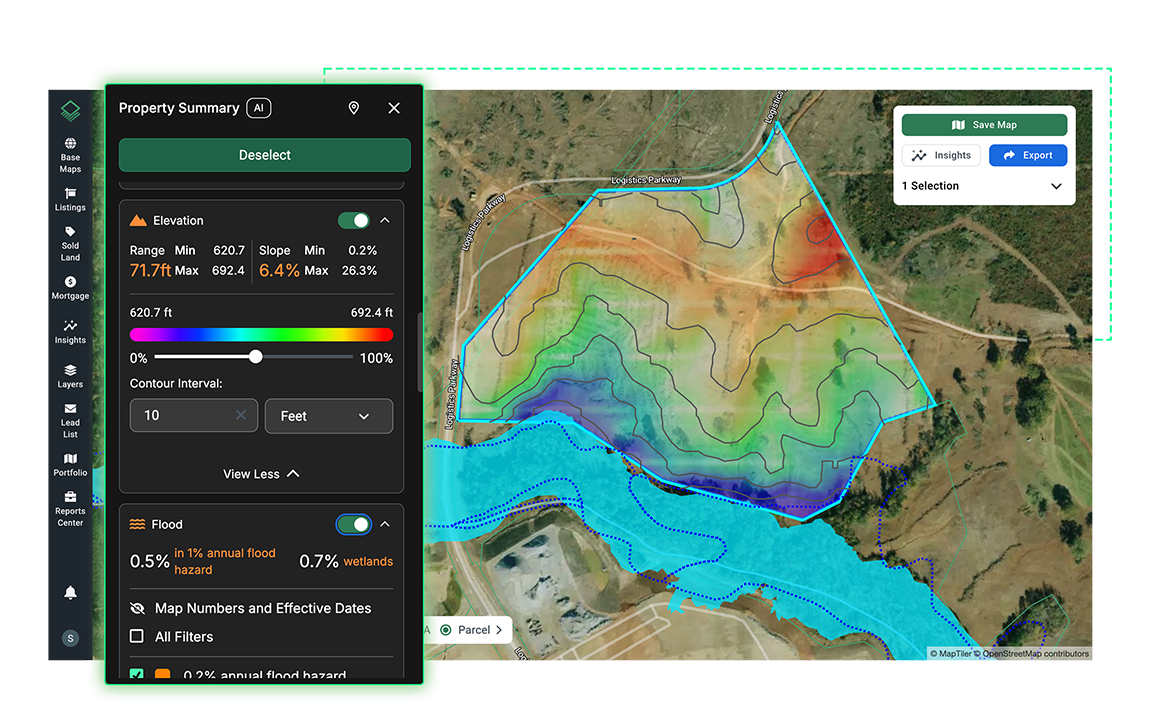 Interactive property summary panel on Acres showing elevation range, slope percentages, and FEMA flood zone overlays used for land due diligence