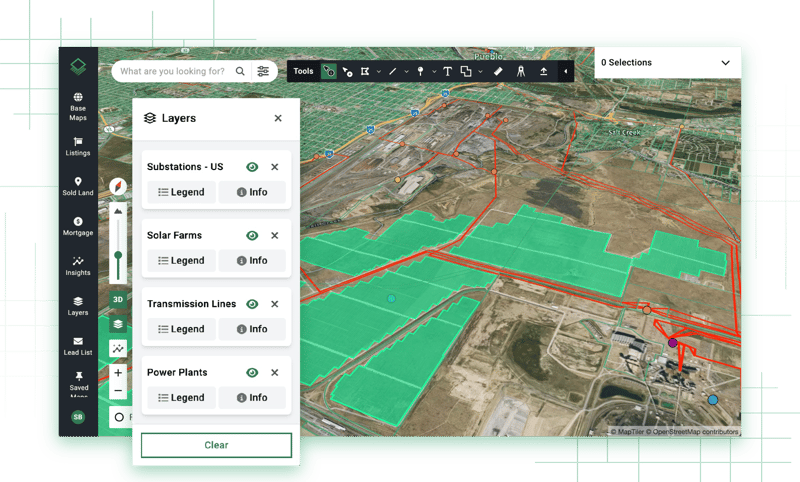3D GIS site evaluation map on Acres displaying transmission infrastructure proximity, parcel boundaries, and utility power lines for solar site selection.