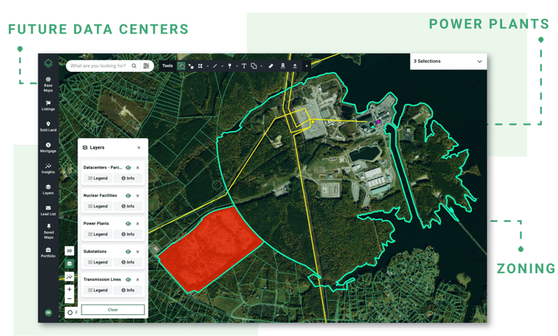 Acres map interface displaying future data centers, power plants, nuclear facilities, and zoning overlays for hyperscale data center site selection.