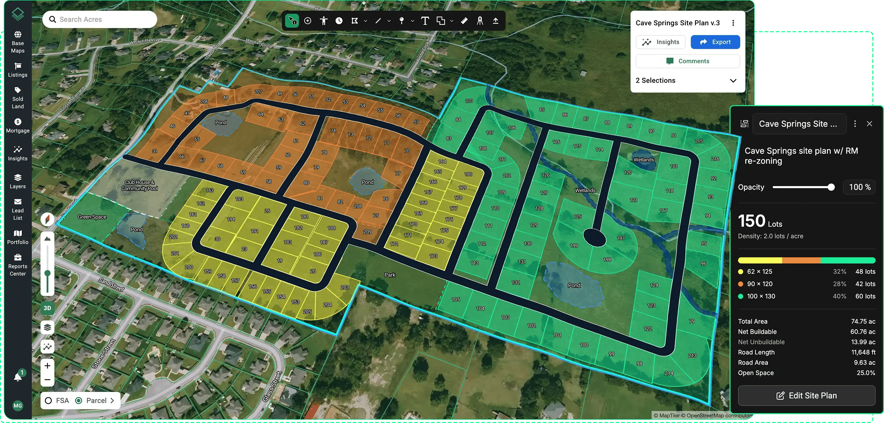 Acres Site Planner interface showing auto-generated, customizable lot layouts on an aerial map,&nbsp;enabling land teams to calculate yield estimates in minutes instead of waiting weeks for engineering plans, and streamline preliminary land engineering and site selection.