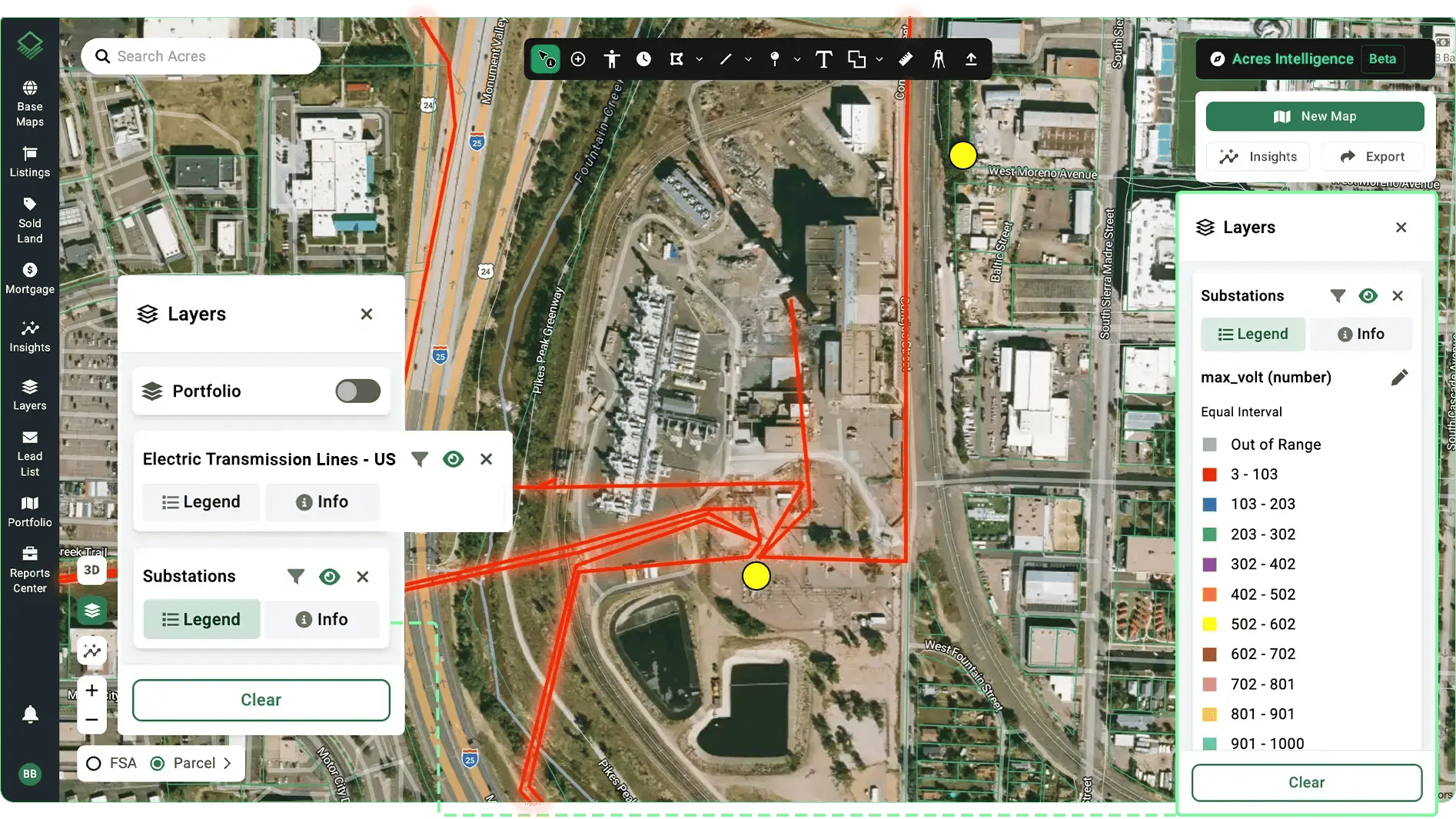 Acres land mapping software platform displaying electric transmission lines and local substation capacity data layers for data center site selection.