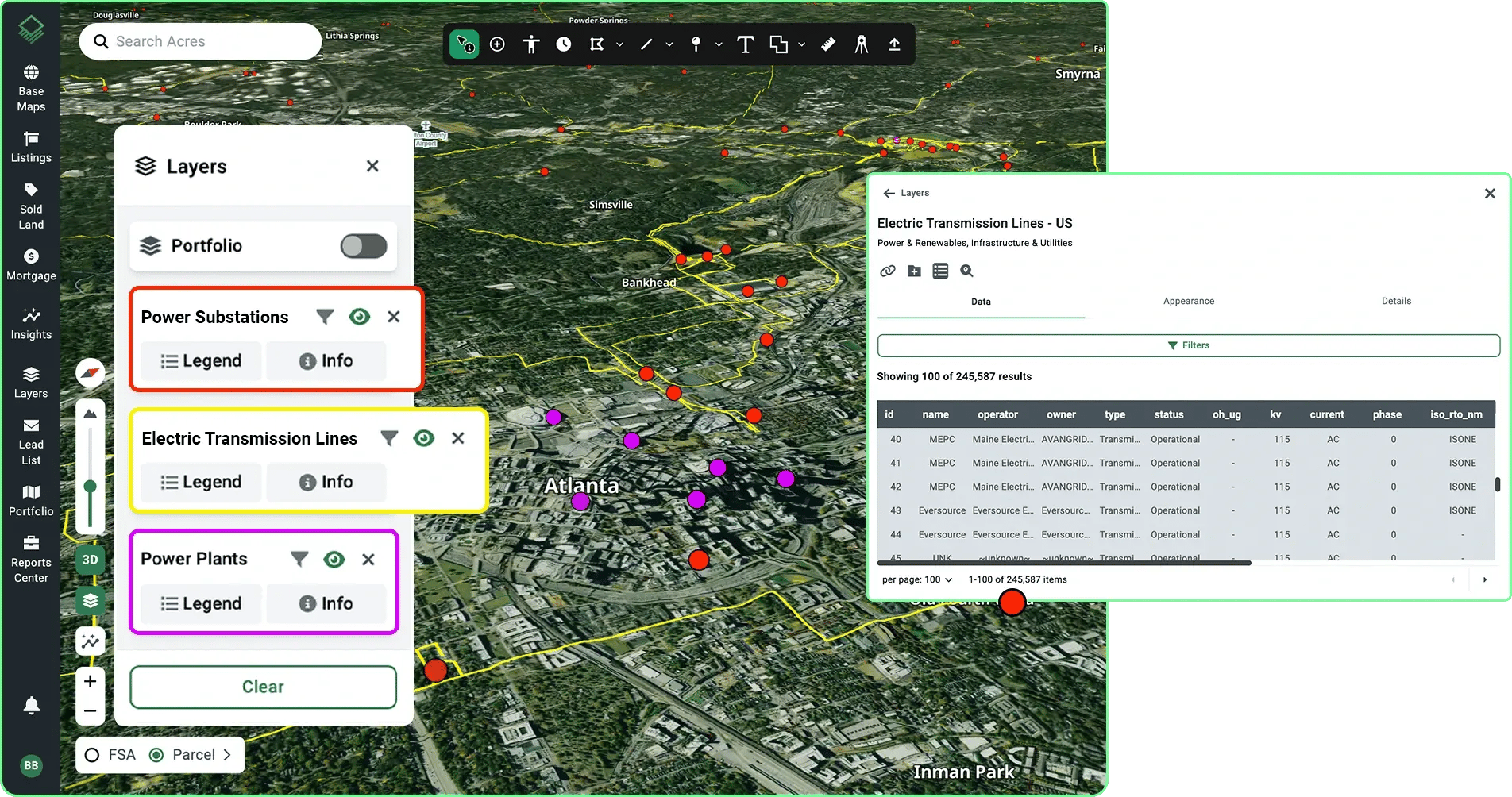 Interactive land map on Acres showcasing dedicated energy infrastructure layers, including electrical transmission lines and power substations, used to analyze renewable interconnection