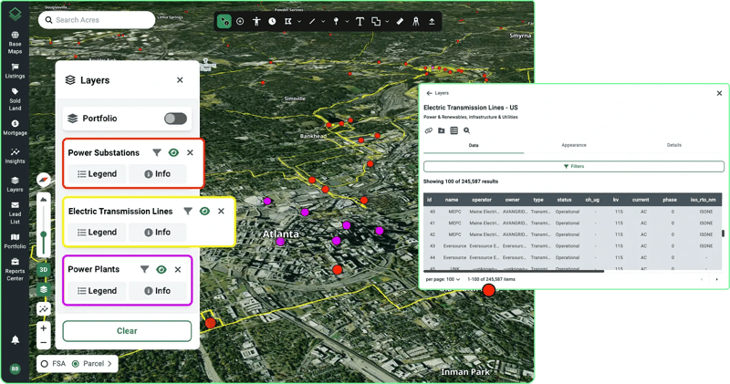 Geographic map interface in Acres displaying power infrastructure layers alongside a data table listing voltage, operator, and status for electric transmission lines.