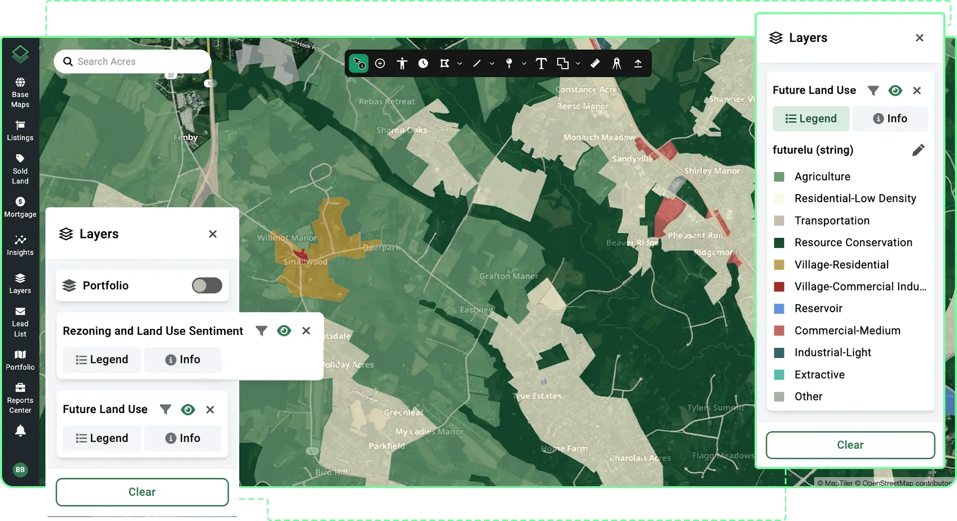 Acres land data mapping interface displaying Future Land Use layers, zoning classifications, and parcel boundary data to analyze data center zoning requirements and land costs.
