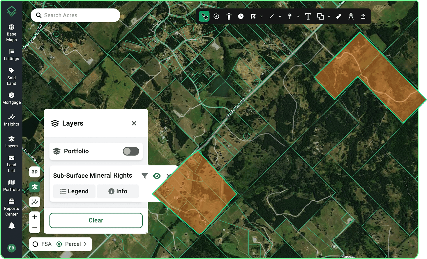 Interactive land map on Acres highlighting sub-surface mineral rights and property boundaries to identify site restrictions before buying land