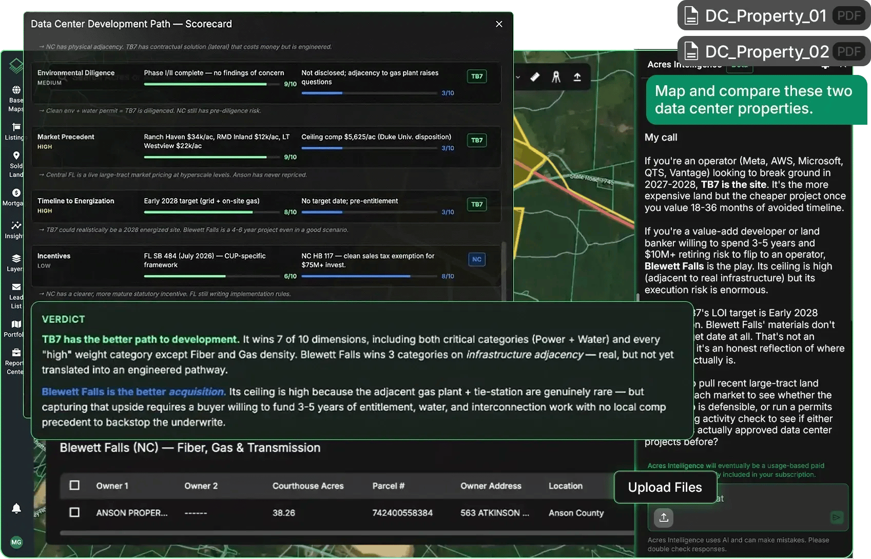 Acres Intelligence interface processing drag-and-drop PDF property listings into a comparison dashboard, allowing land teams to automatically map parcels, evaluate infrastructure proximity, and shortlist top deals.