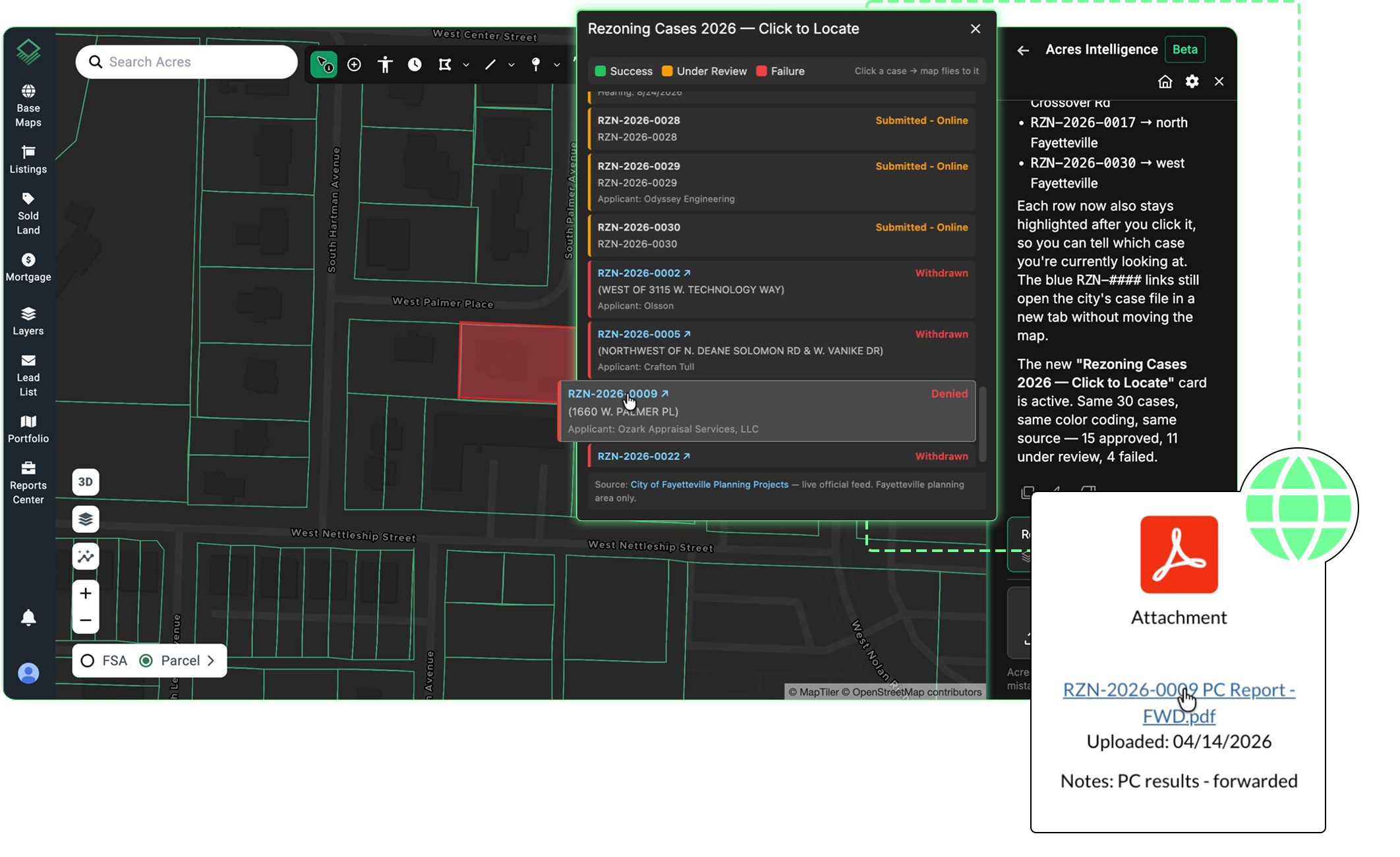 Acres Intelligenceinterface mapping city council approval and denial records onto parcels, giving land teams clear visibility into local zoning risks before investing time and capital.