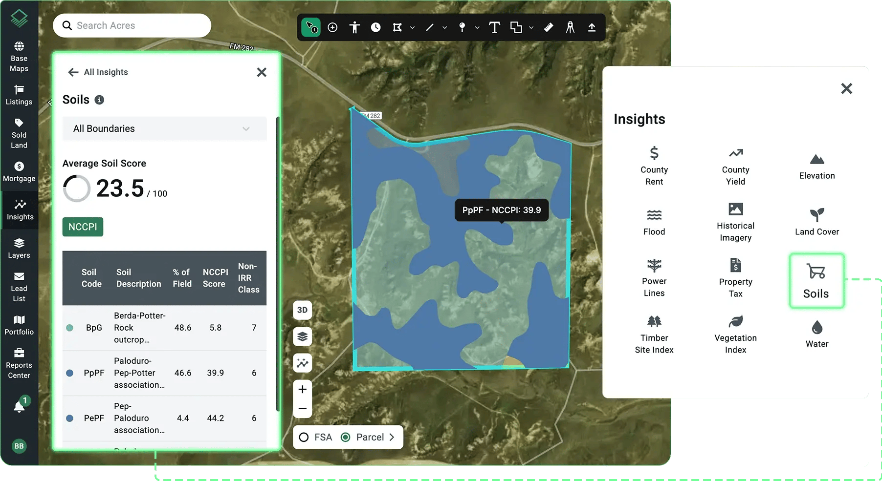 Interface preview of the Acres platform highlighting soil quality scores, elevation, flood zones, and parcel mapping tools for evaluating timber, agricultural, and recreational land