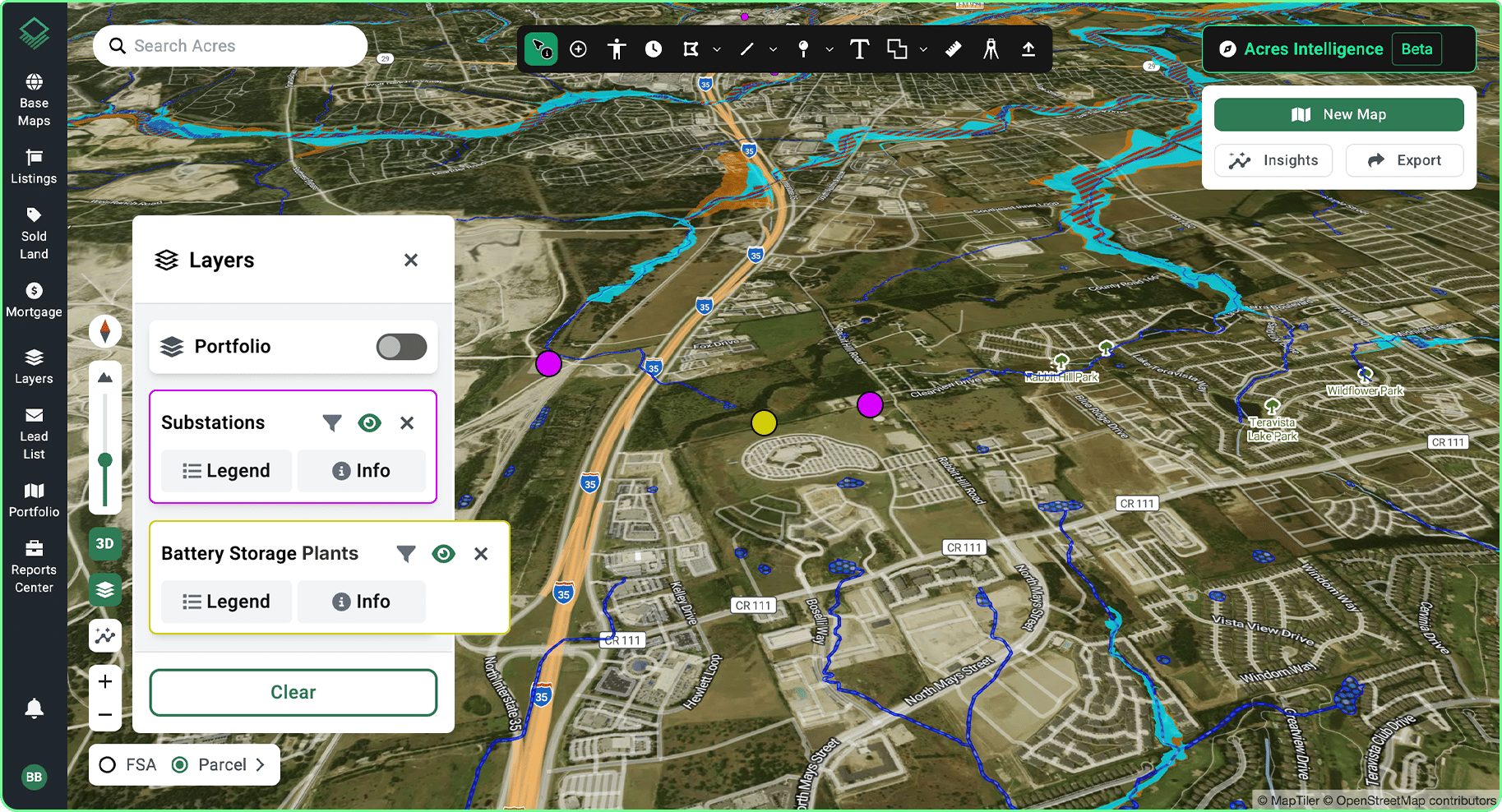 Acres mapping platform displaying substation proximity, battery storage plants, and flood risk layers mapped across land parcels for BESS site selection.