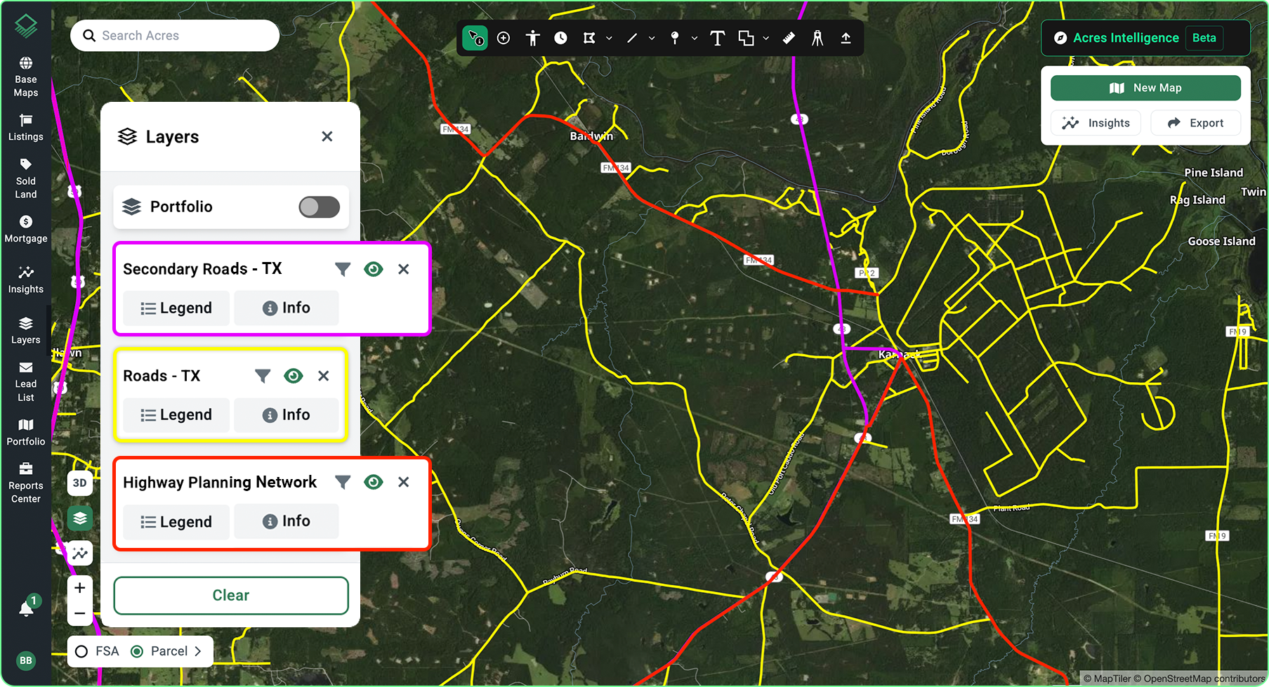 Interactive map on Acres showing secondary roads, main highways, and planned transportation infrastructure layers used to analyze land accessibility and value
