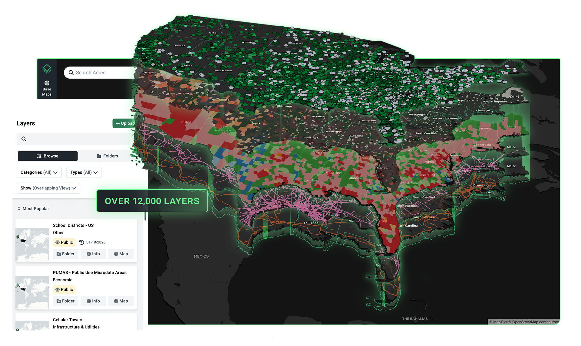 Acres interactive parcel map showing nationwide land search coverage with over 12,000 data layers available, letting land buyers filter by geography, zoning, flood zones, and infrastructure proximity to eliminate poor candidates before clicking into a single listing