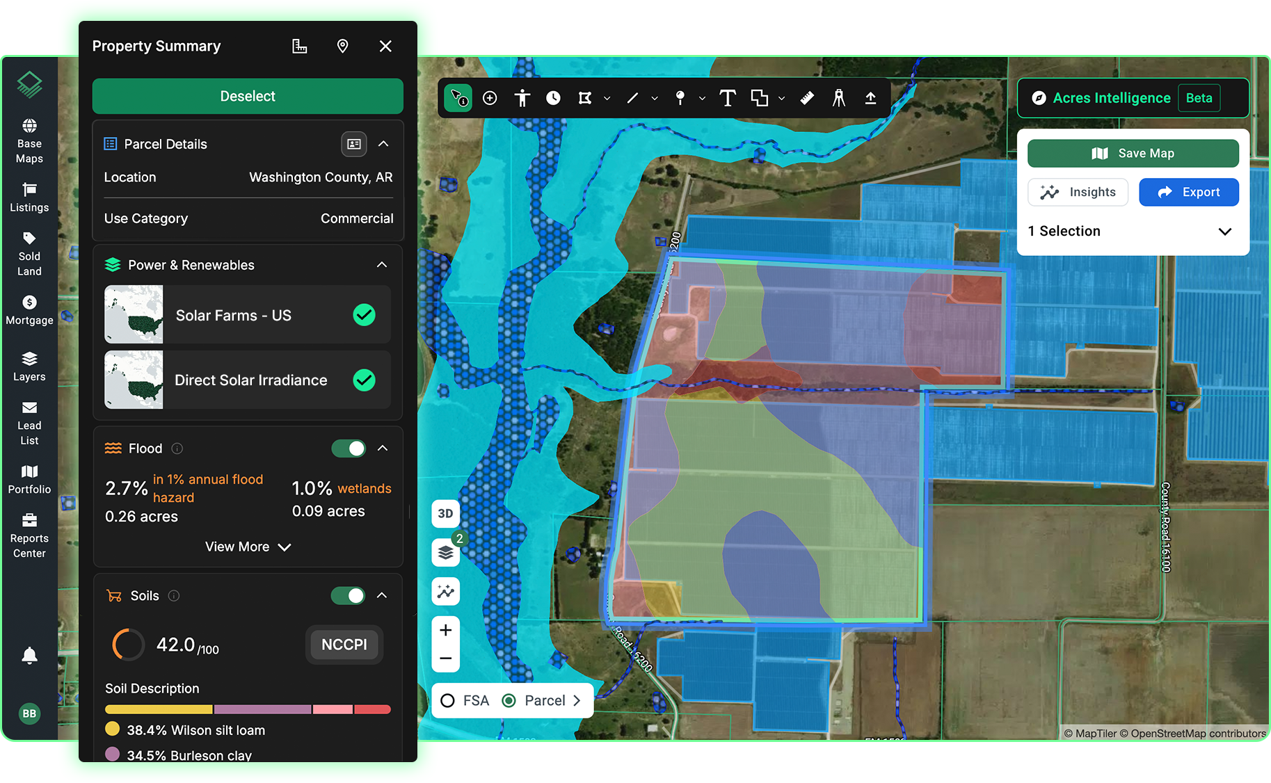 Acres mapping and data platform interface displaying parcel details, USDA soil data ratings, solar irradiance, and flood risk overlays for agrivoltaic site selection.
