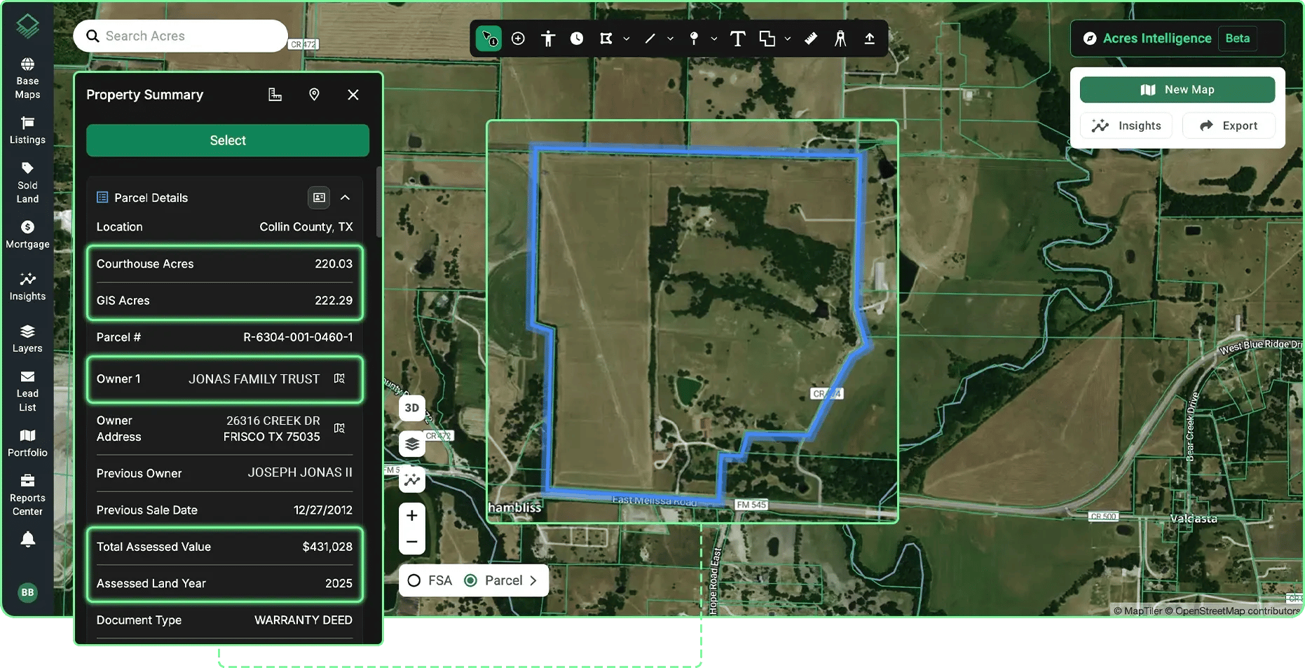 Acres platform displaying parcel boundaries, owner records, APN, and acreage data in a property summary panel