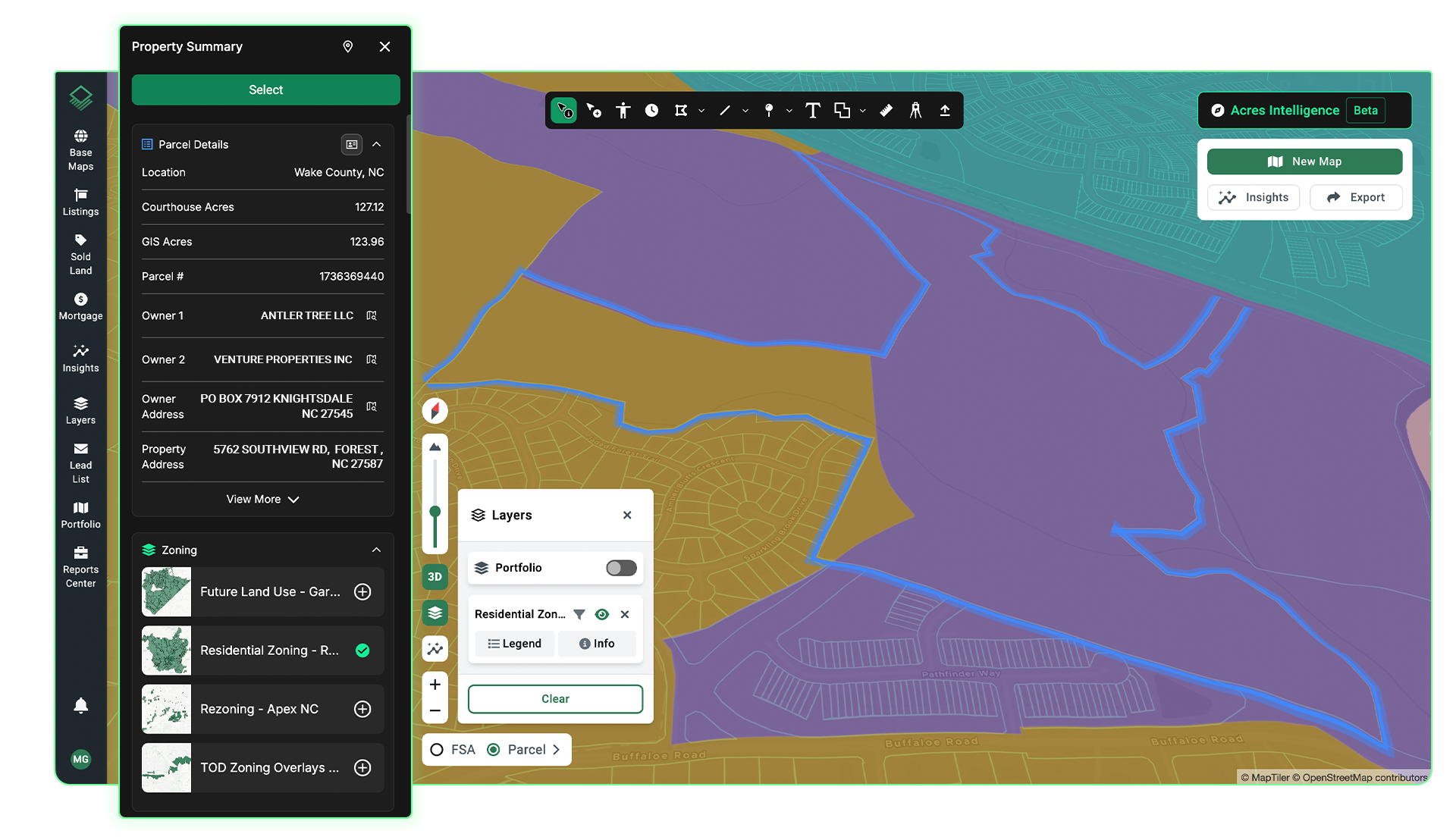 Acres platform screenshot showing parcel-level ownership, zoning, and future land use context layered over the map, turning a building permit signal into an actionable acquisition decision by combining market demand with site-level data