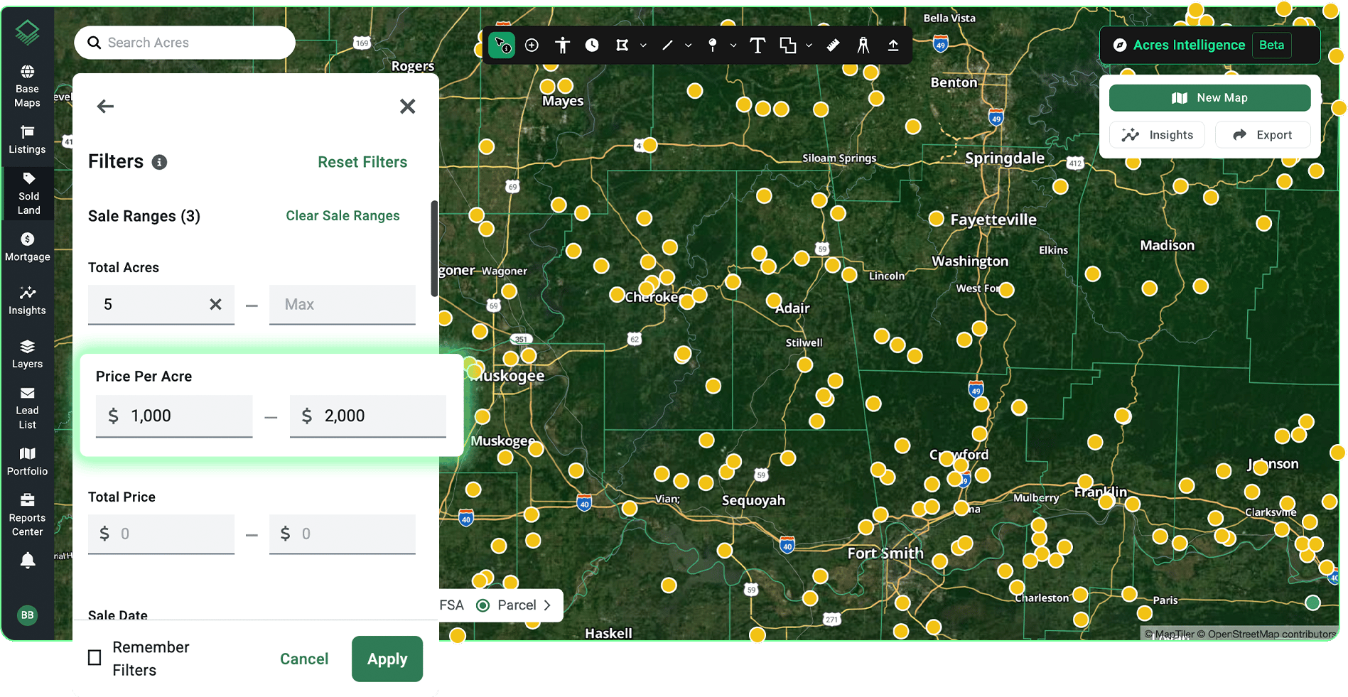 Acres platform user interface highlighting sold land plot locations on a map with the price per acre filter.