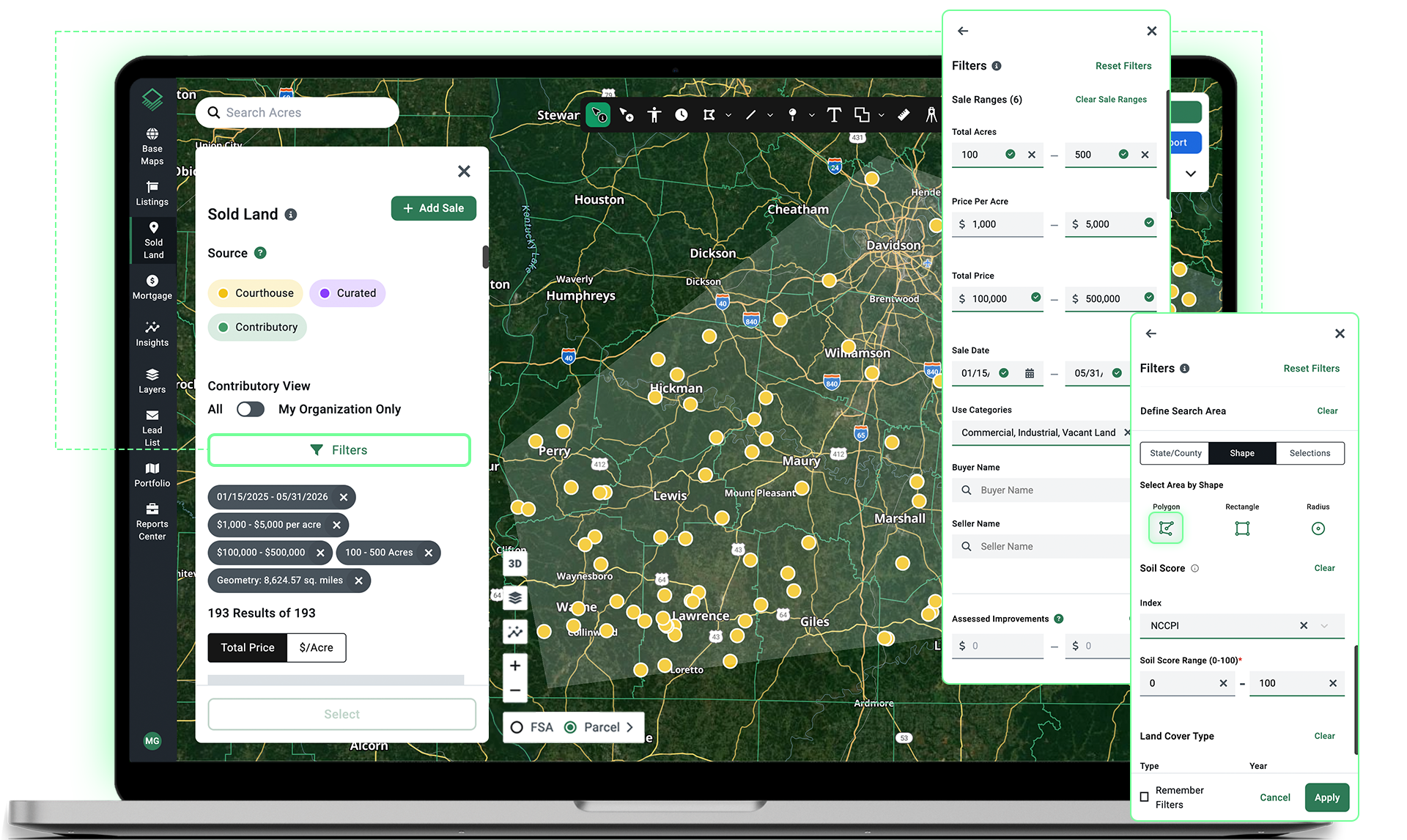 Acres land search platform showing location-based filters applied for a land listings search, with acreage range, price per acre, sale date, and land use filters set to surface relevant comparable land sales within a defined geography