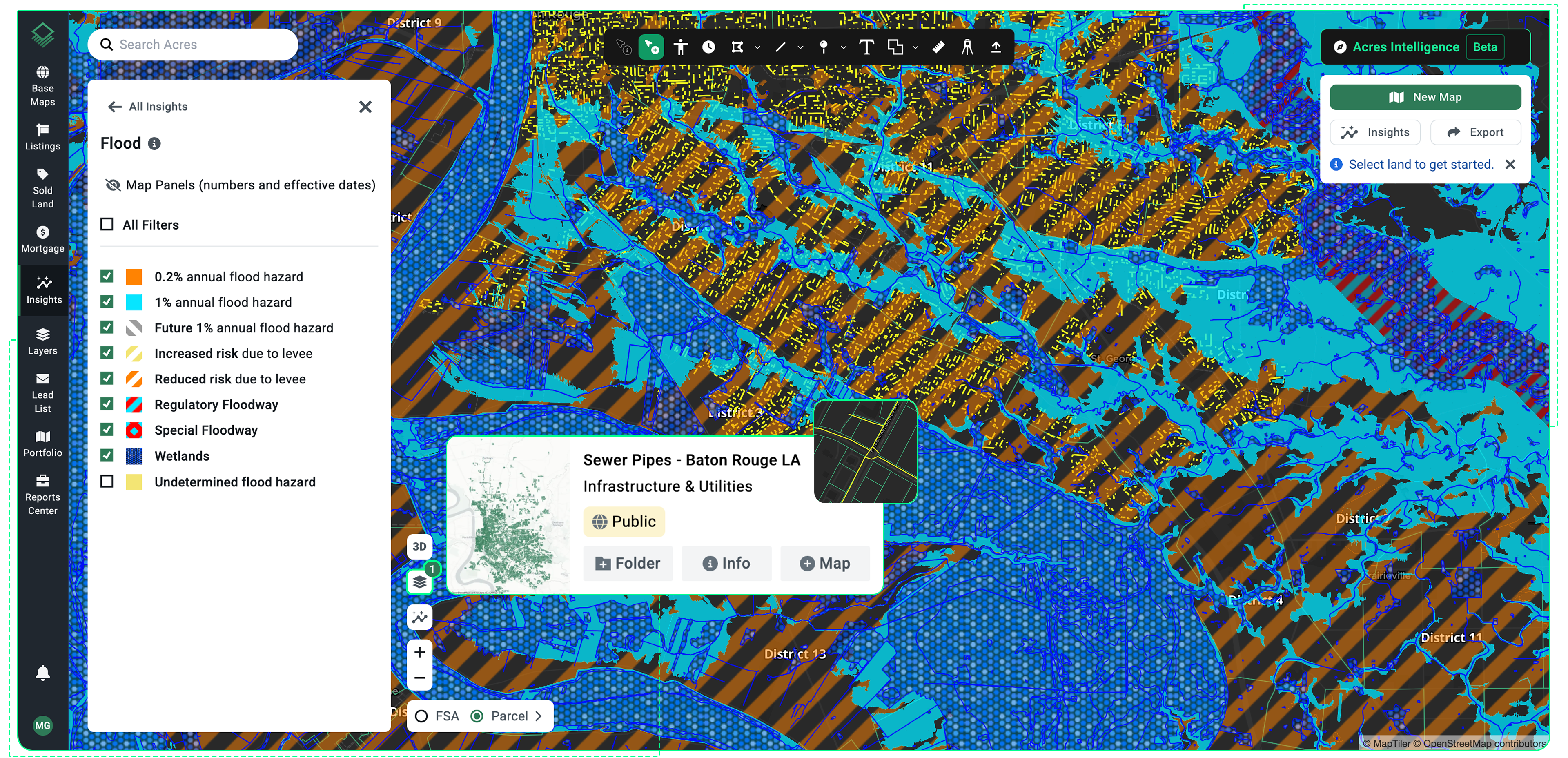 "Acres.com displaying FEMA flood zone overlays and sewer infrastructure data for Baton Rouge, LA to help land buyers evaluate zoning, flood risk, and infrastructure context when researching land tracts
