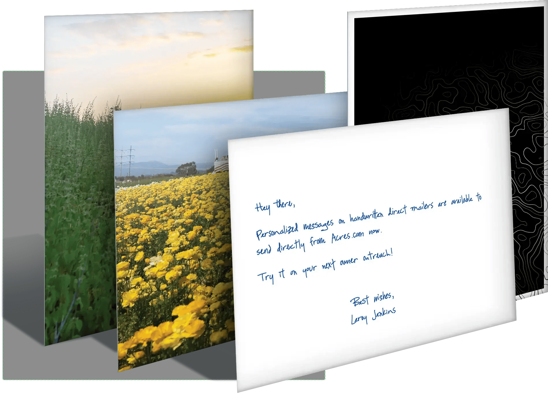 Acres customizable, handwritten direct mailer designs that enable land teams to automate personalized owner outreach from verified parcel data to help boost seller response rates for off-market land acquisition.
