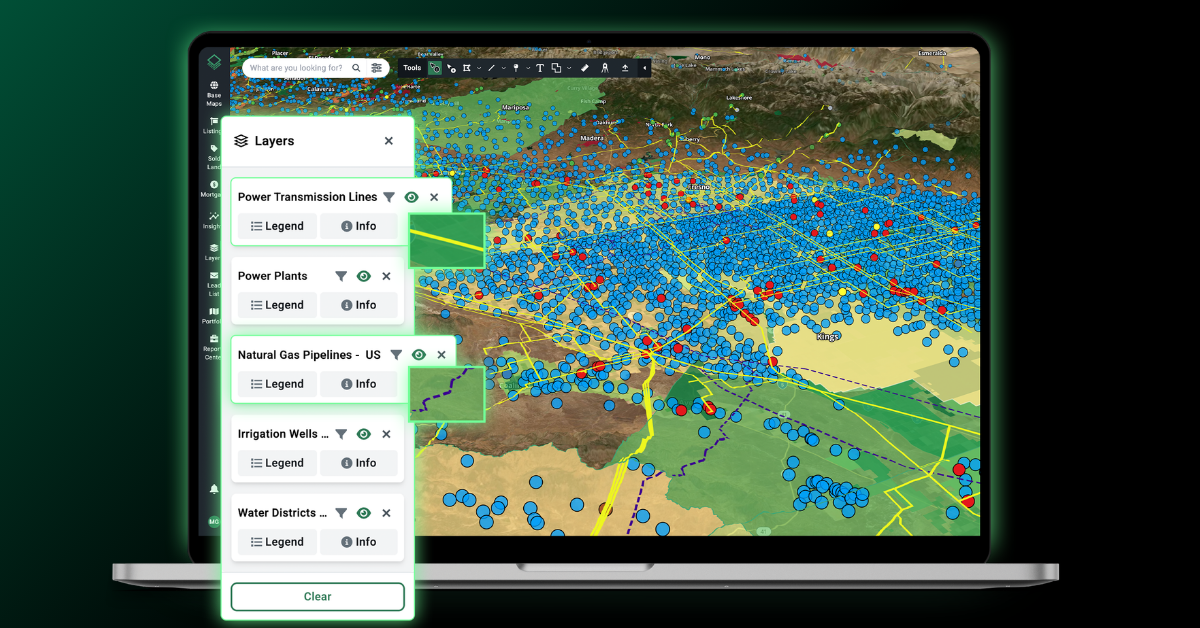 Acres platform land data and mapping software displaying utility infrastructure lines like power transmission lines, natural gas pipelines, and water district data layers for data center site qualification.