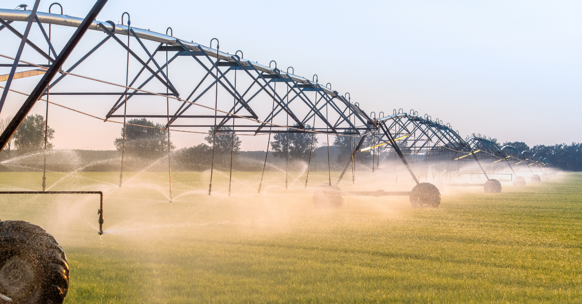 A large center-pivot irrigation rig watering a green farmland field at sunset, highlighting agricultural land productivity and infrastructure.