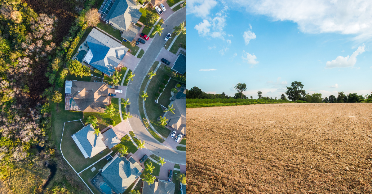 Side-by-side aerial comparison showing developed land with residential homes and roads on the left versus raw land with undeveloped dirt on the right.