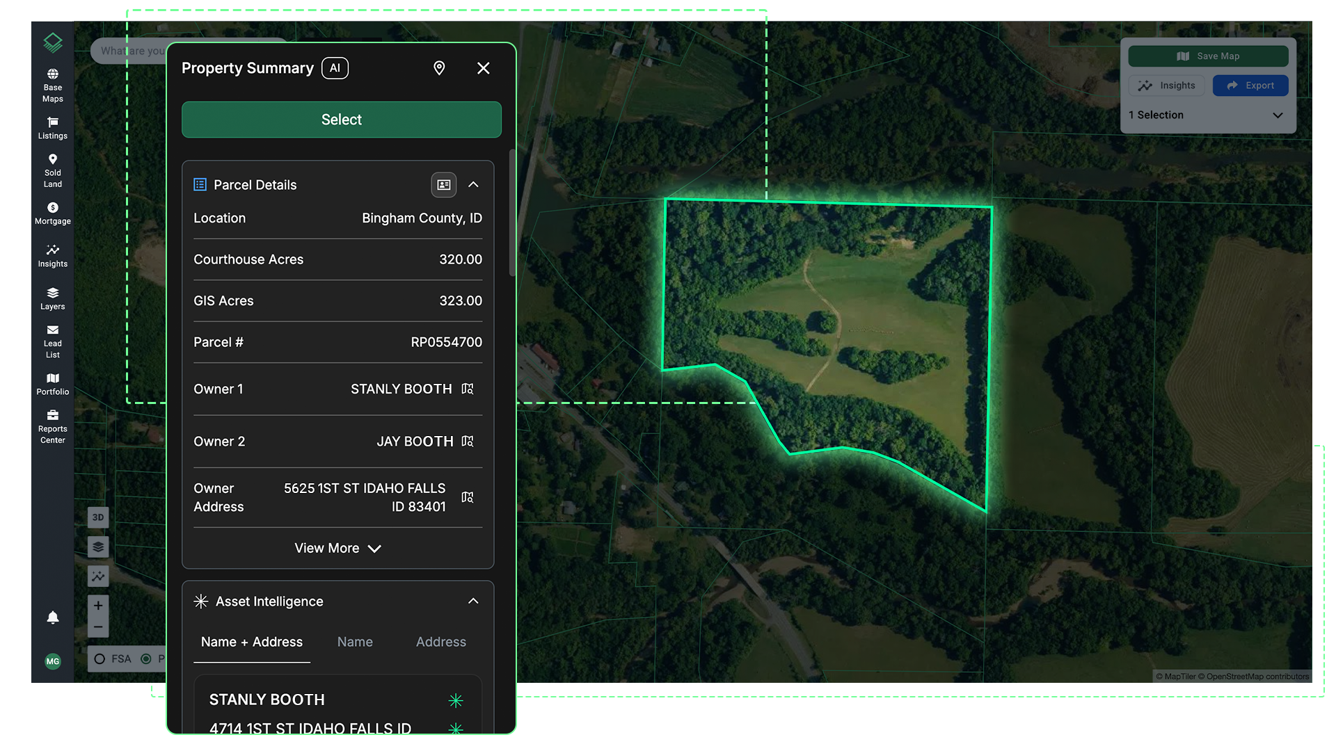 Acres platform screenshot showing a property boundary map for a 320-acre parcel in Bingham County, ID, with a property summary panel displaying parcel details, owner names, and Asset Intelligence contact data for boundary research