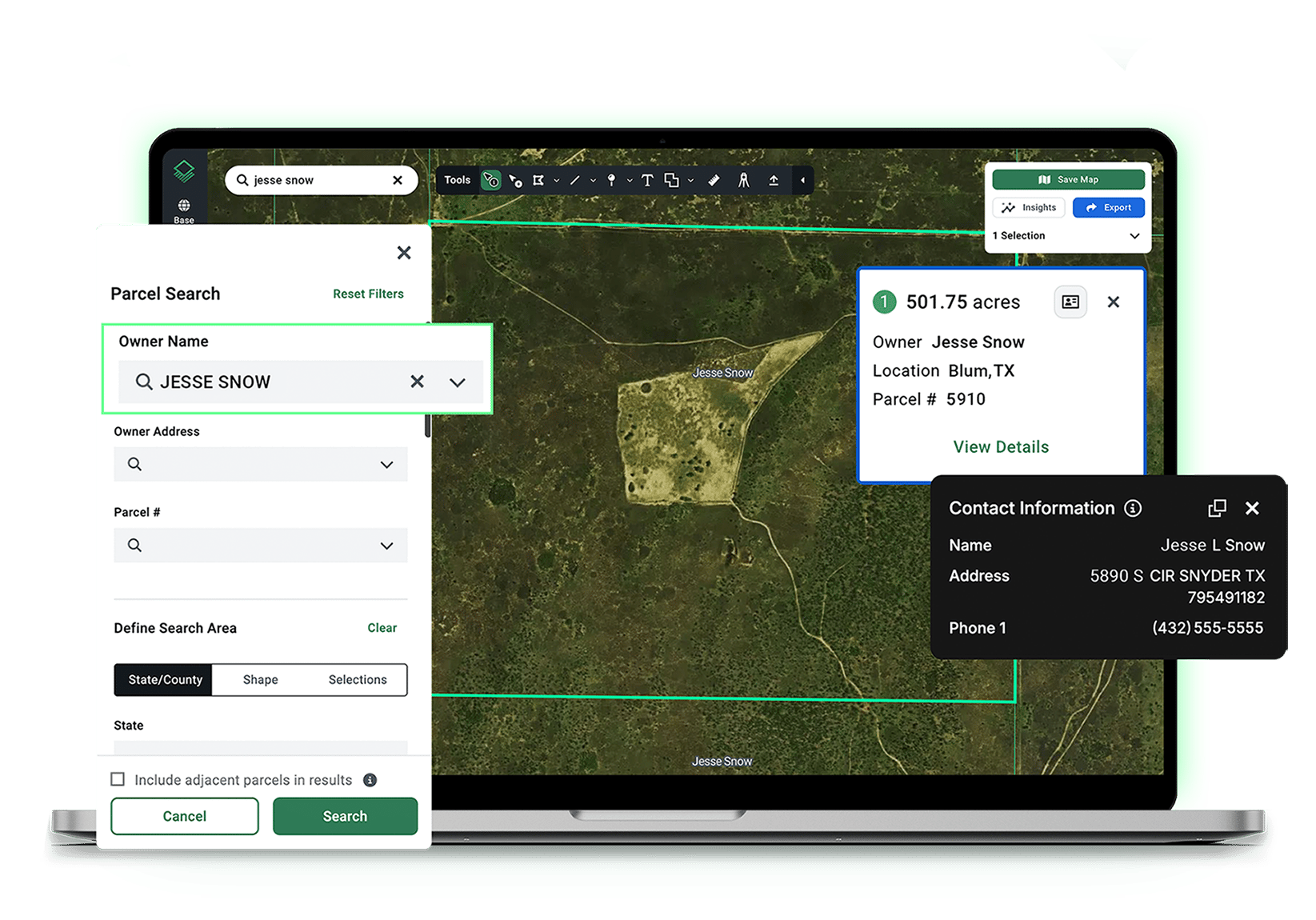 Acres parcel search and owner contact tools displaying landowner records, parcel acreage, and contact details for renewable energy land acquisition.