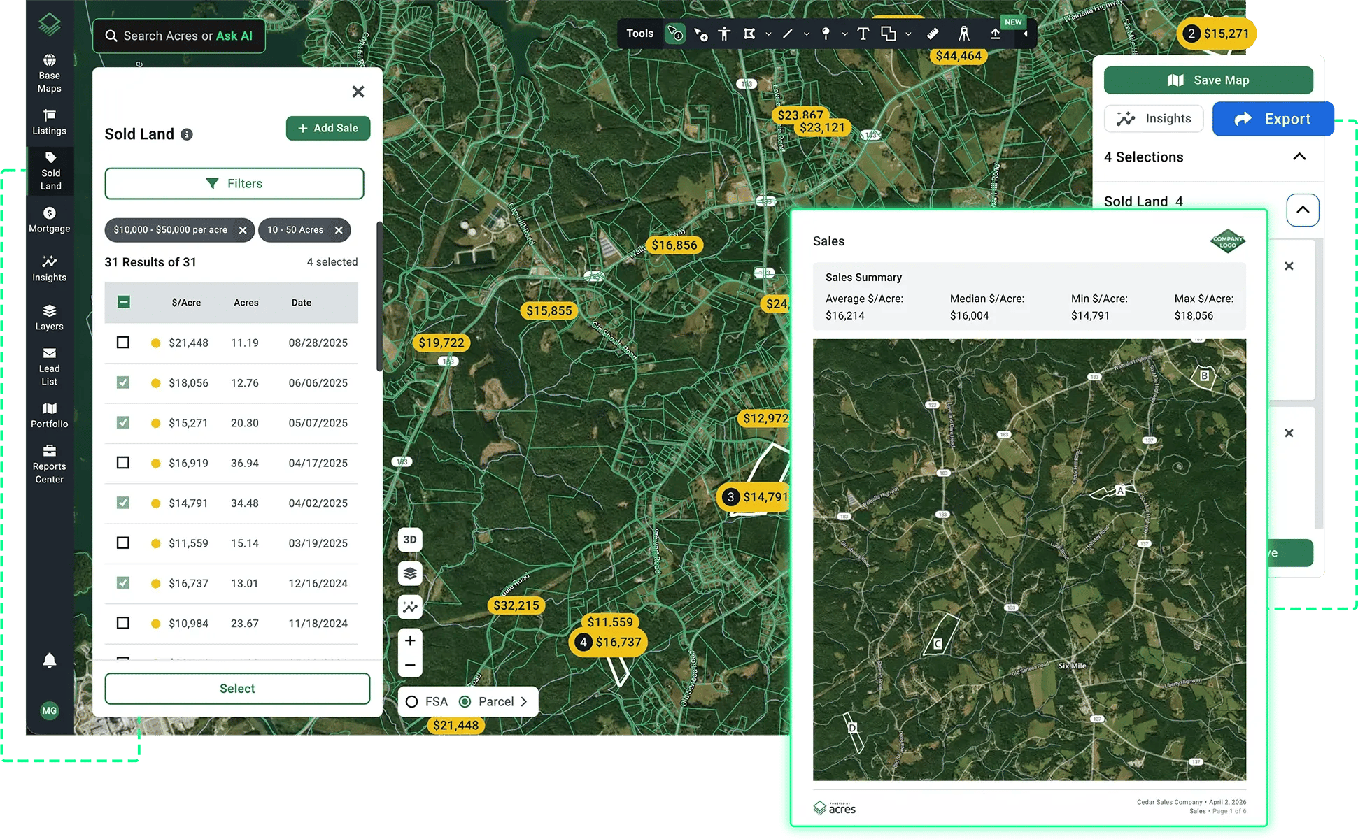 Acres comparable land sales map filtered by acreage and price range with a sales summary showing average, median, and min-max price per acre, giving land buyers and appraisers the transaction data needed to build a sales comparison approach in one session