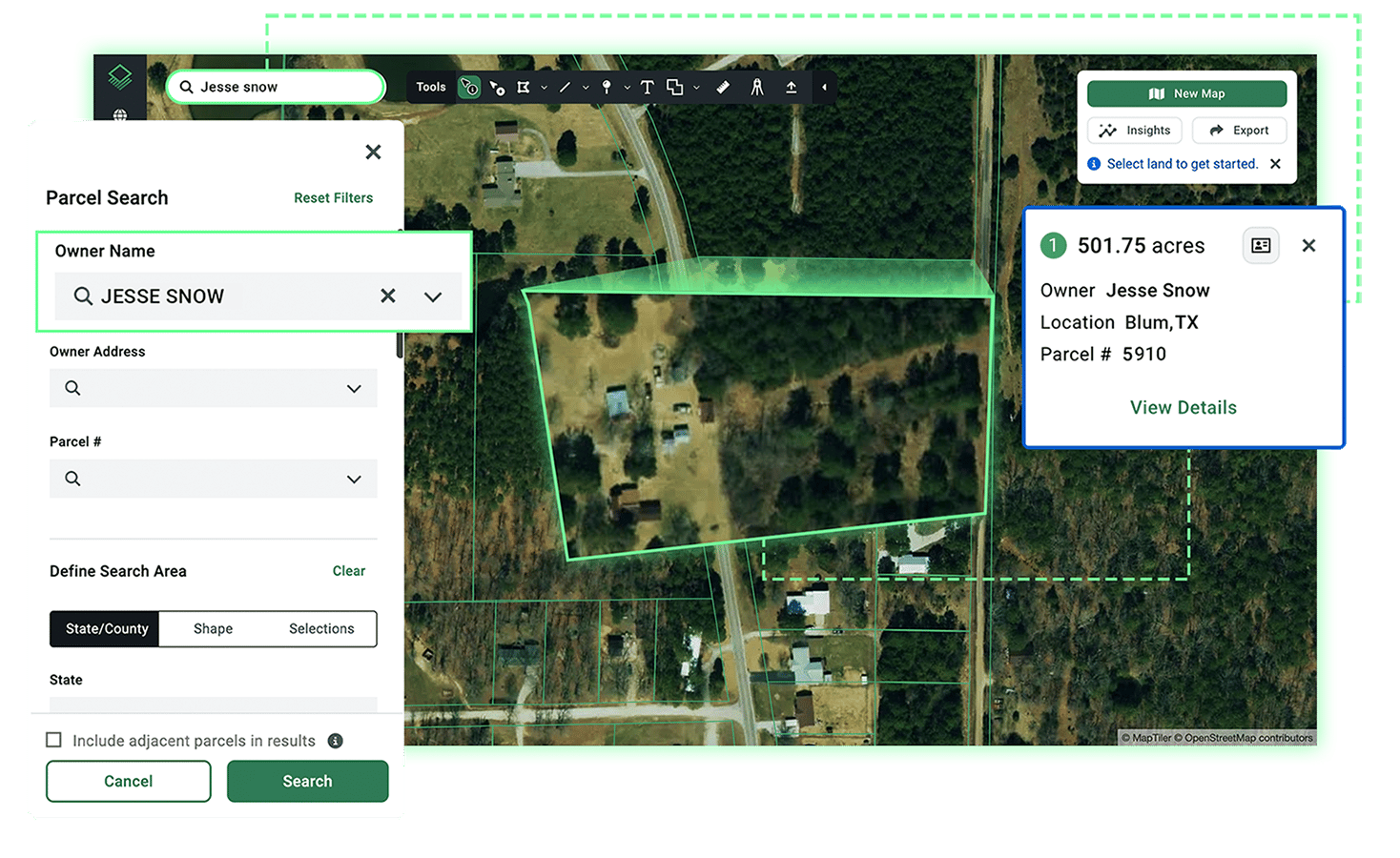 Acres parcel map screenshot showing an owner name search with a 501.75-acre parcel boundary highlighted and ownership details displayed, demonstrating how to search and map parcels online by APN or owner name
