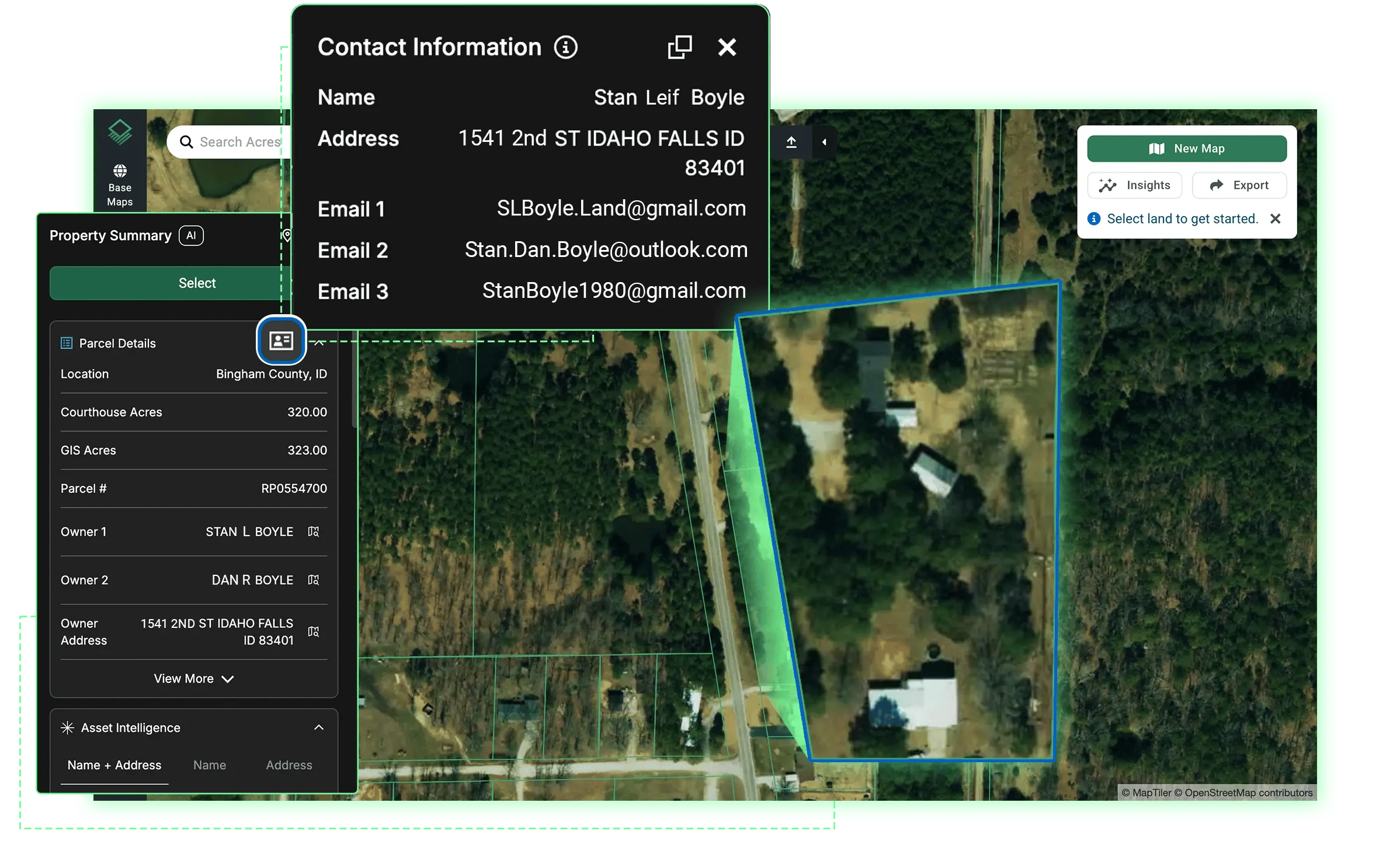 Acres platform screenshot displaying land ownership lookup for a 320-acre parcel in Bingham County, ID, with owner contact information including name, mailing address, and email addresses visible for landowner outreach