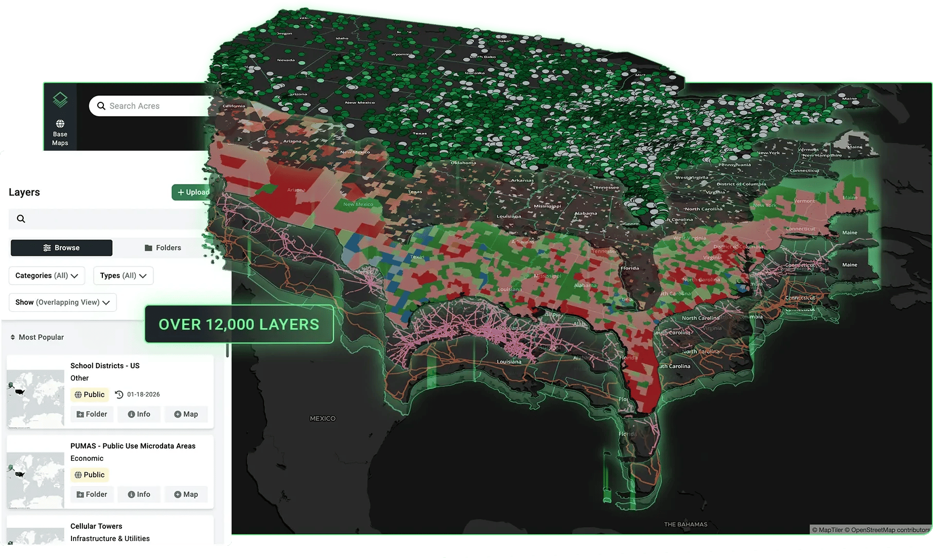 Nationwide parcel data map on Acres showcasing over 12,000 GIS layers for zoning, utilities, school districts, and land analysis for first time land buyers
