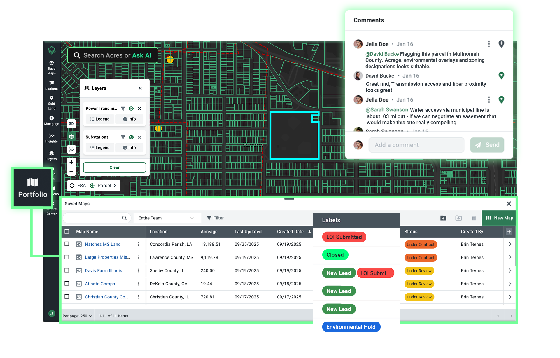 Acres portfolio management and parcel screening platform showing GIS mapping, site comments, and pipeline tracking for renewable energy site selection.