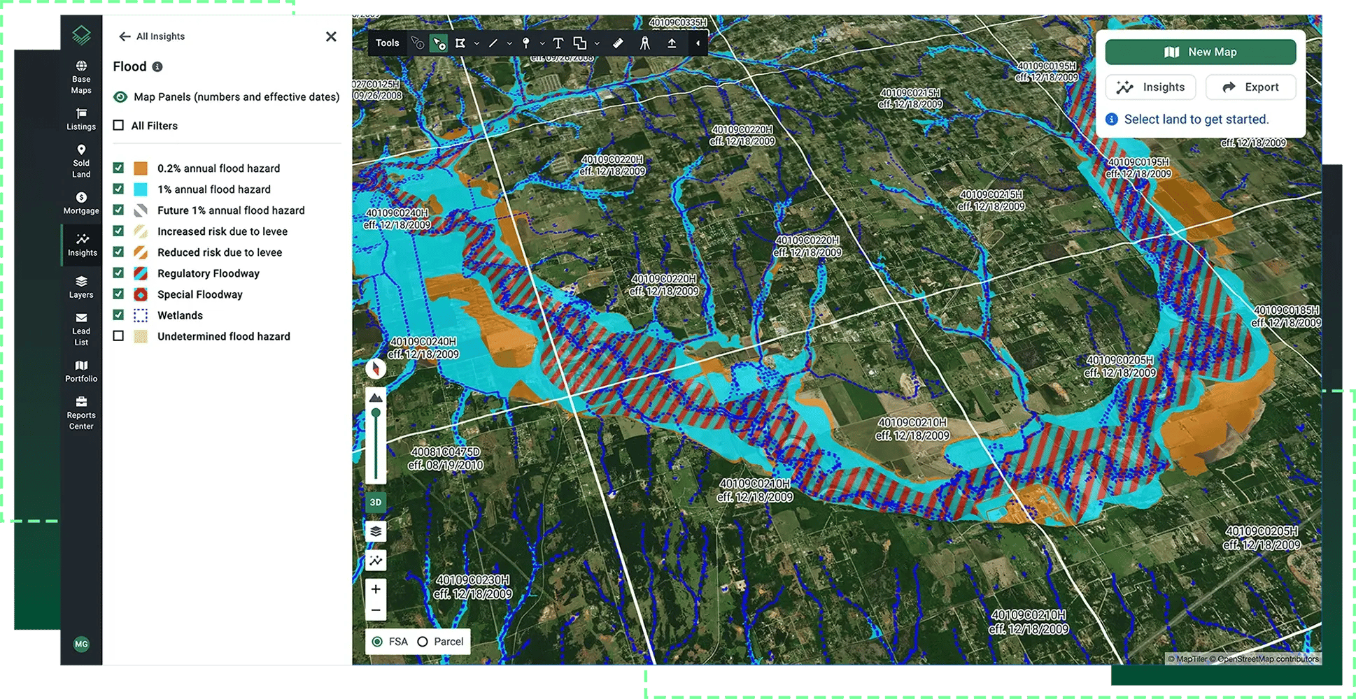 Acres platform screenshot showing FEMA flood zone and wetlands layers overlaid on a parcel map, with color-coded flood hazard classifications including 1% annual flood hazard, regulatory floodway, and special floodplain for land mapping due diligence
