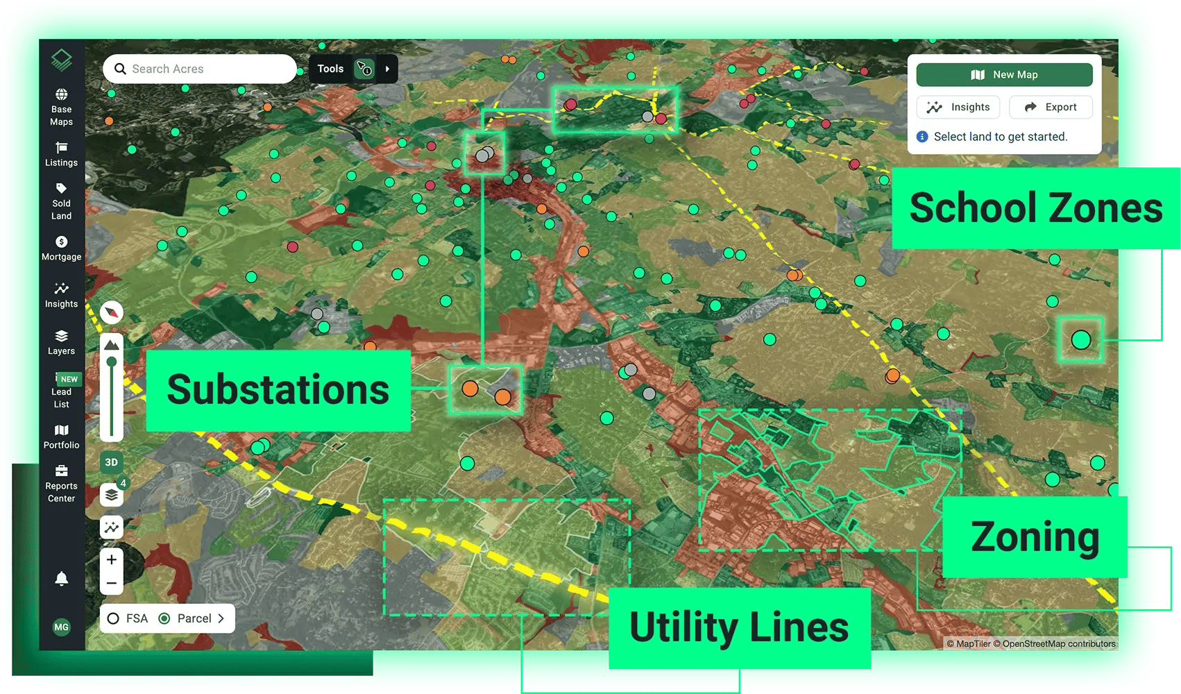 Acres platform mapping interface displaying substations, utility lines, zoning, and school zones for land valuation