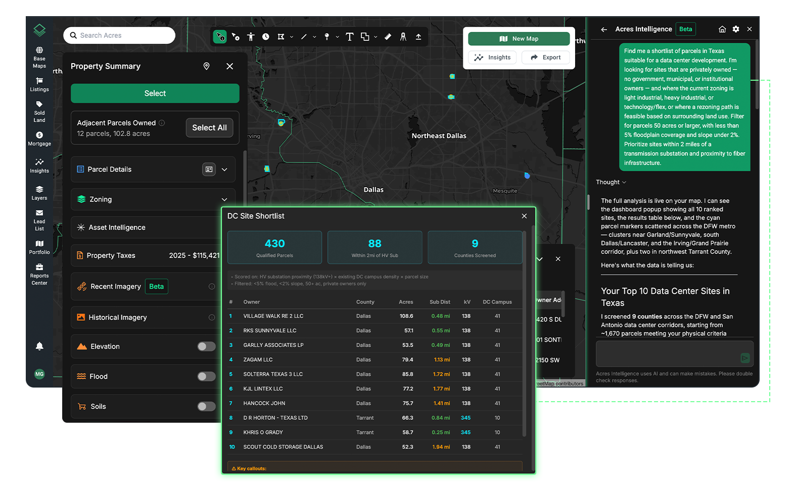 Acres Intelligence displaying an AI-generated data center site shortlist of 430 qualified parcels across Dallas and Tarrant County, TX with ownership, acreage, substation proximity, and zoning data to accelerate land tract research and site selection