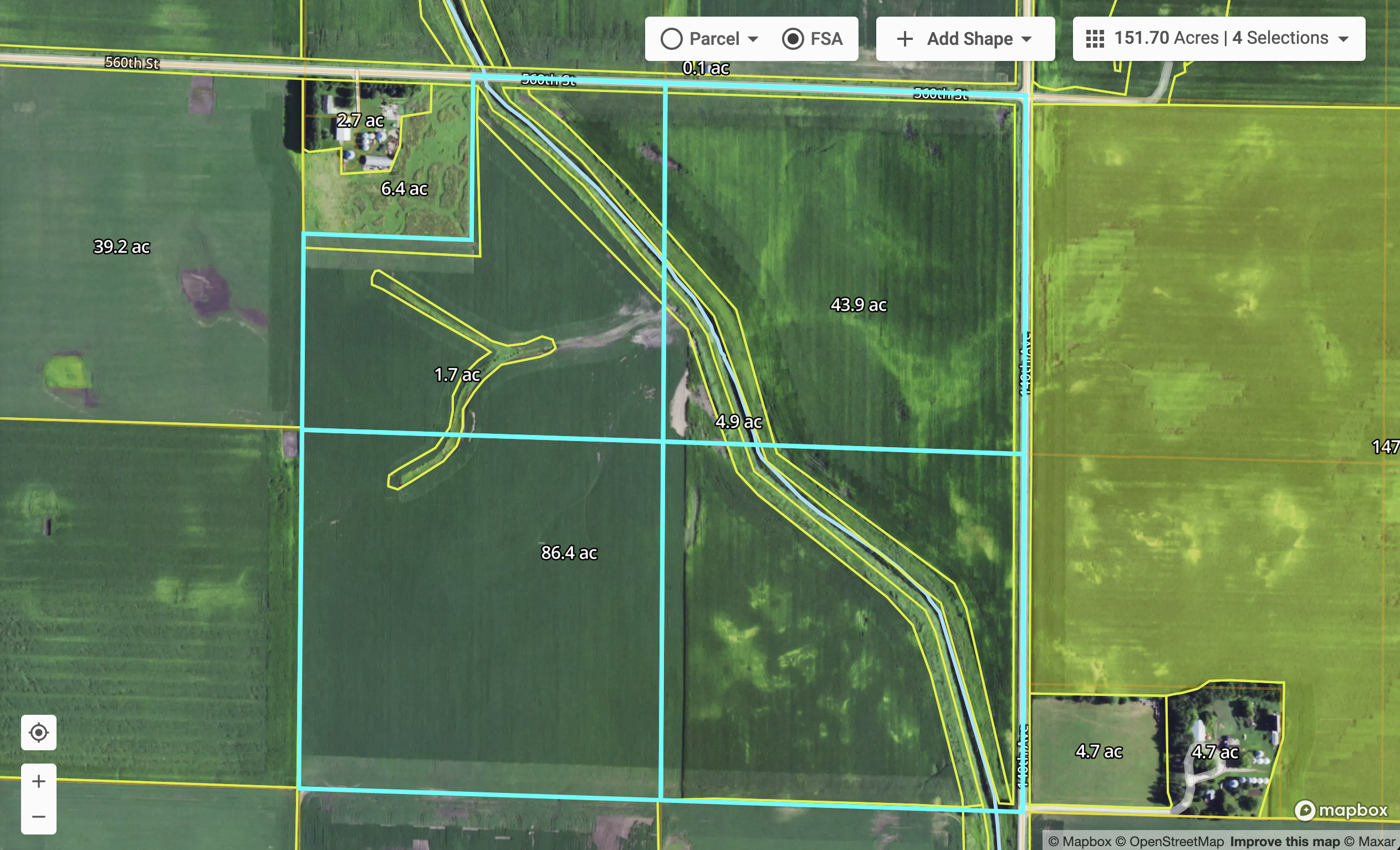 The FSA layer overlays the map with boundaries for tillable acres