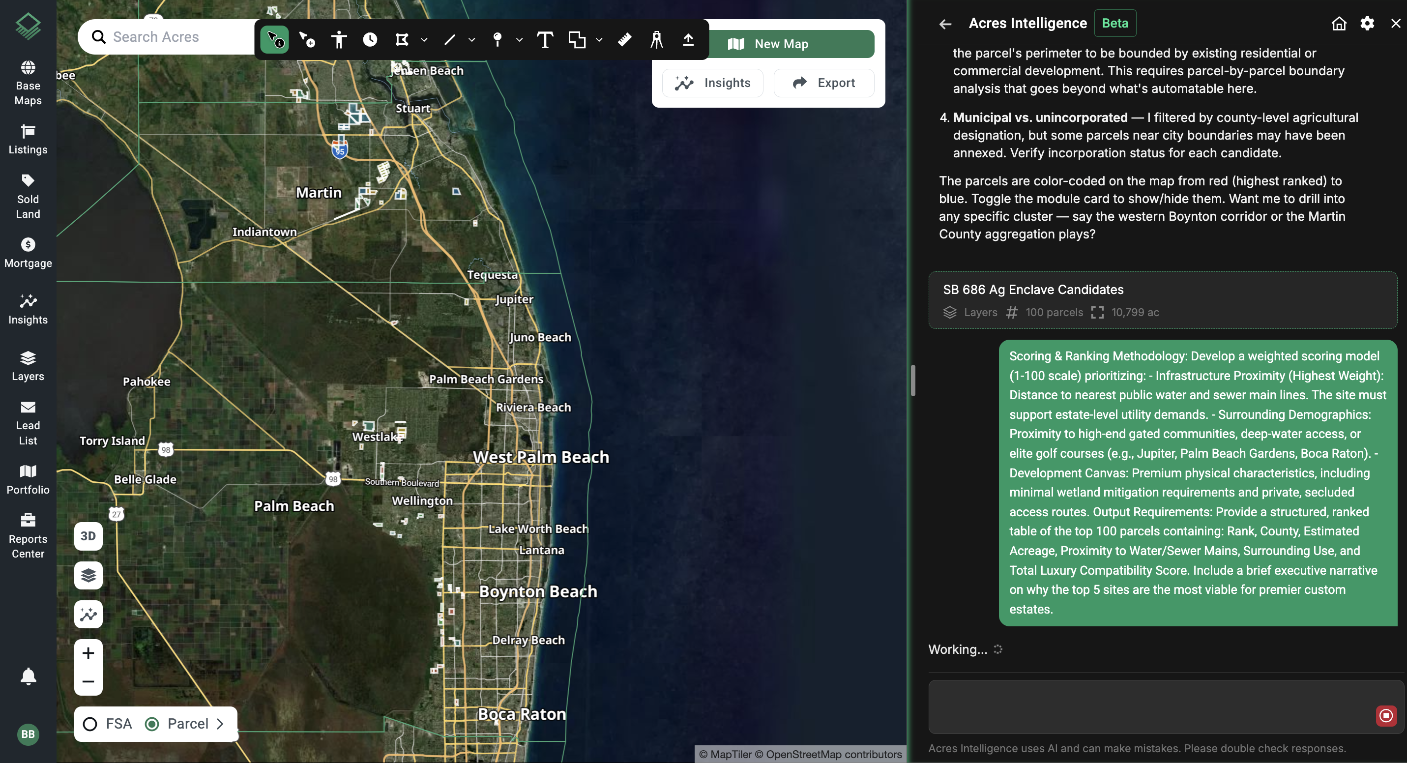 Acres Intelligence AI prompt refining agricultural enclaves parcel results using a weighted scoring model prioritizing infrastructure, demographics, and development canvas.