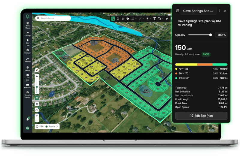 Acres Site Planner laptop screenshot showing a completed lot yield with a live density pass indicator and full site summary, stress-tested against real zoning constraints and ready to share before engineering begins