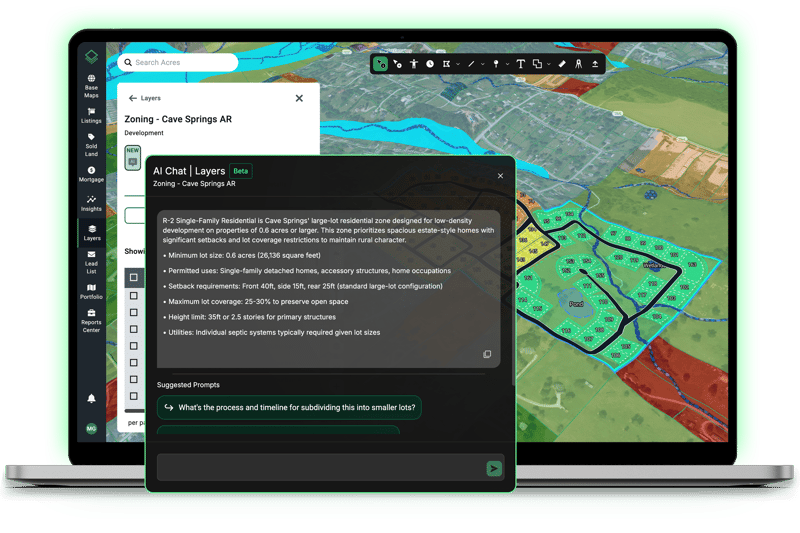 Acres Site Planner laptop screenshot showing zoning AI chat surfacing setback rules and density limits for a subject parcel, so land teams can build a compliant lot yield from the start without waiting on constraint reports