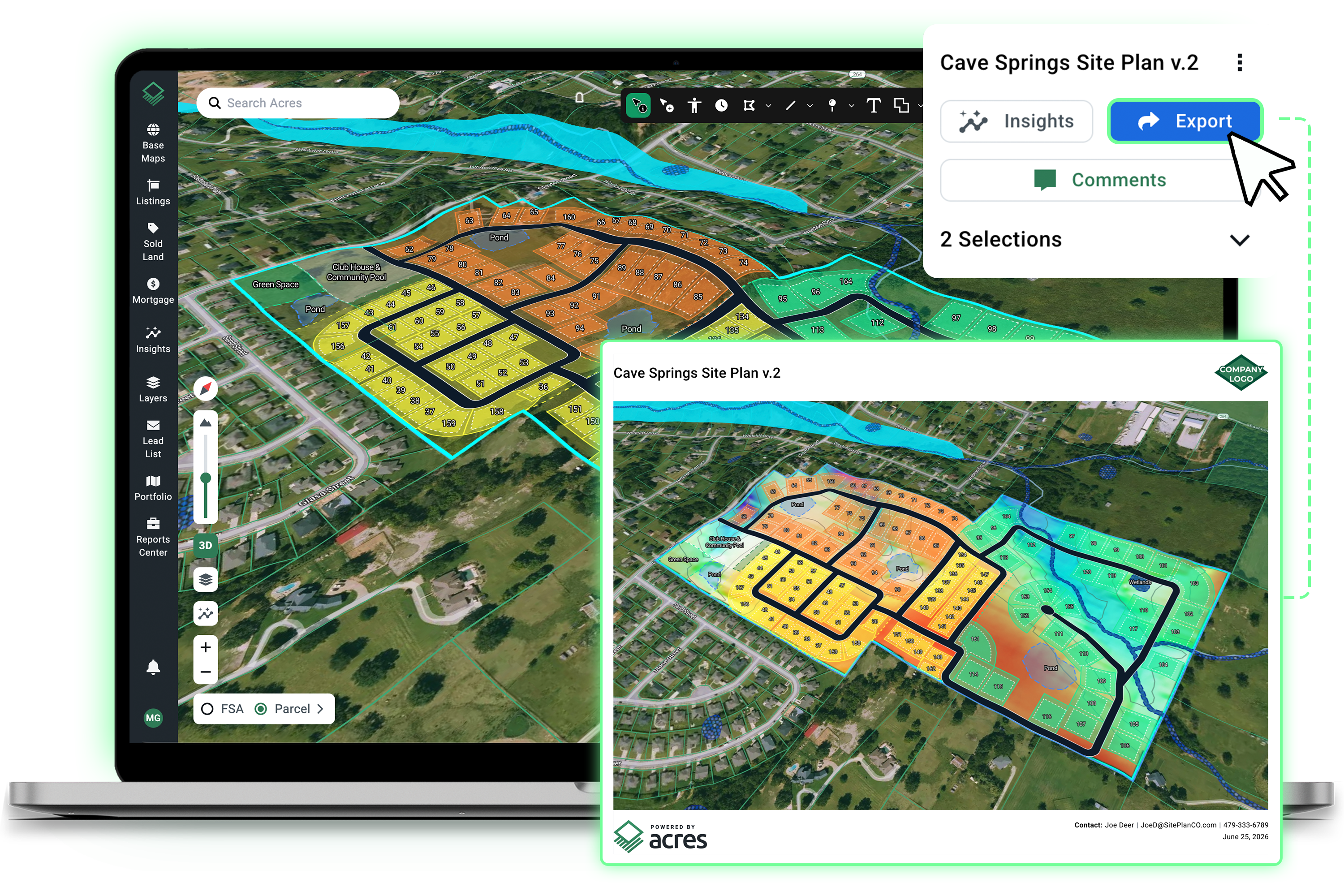 Acres Site Planner screenshot showing the Export function generating a branded Cave Springs Site Plan v.2 PDF with color-coded lot layout, ready to share with stakeholders for residential development review