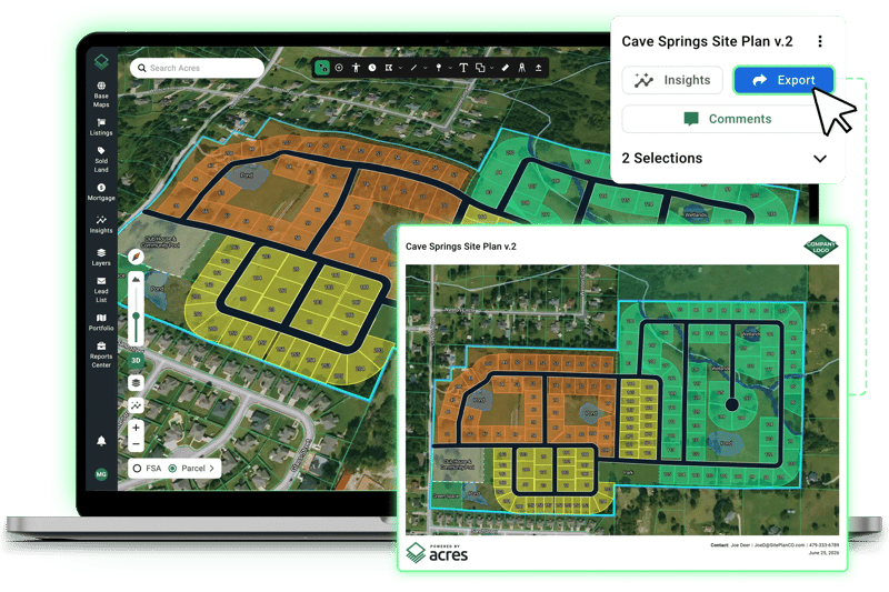 Acres Site Planner screenshot showing a branded Cave Springs site plan PDF being exported in one click, ready to share with partners, leadership, or land sellers without any additional production step