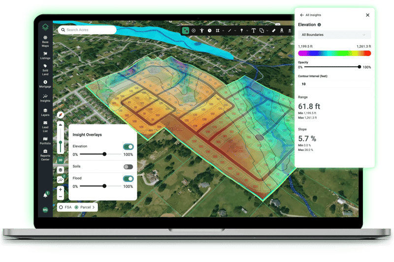 Acres Site Planner laptop screenshot showing elevation, slope, and flood overlays active during site plan drawing, so land teams can account for site constraints in real time rather than discovering them after the layout is done