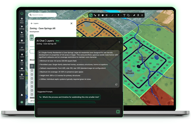 Acres Site Planner laptop screenshot showing zoning AI chat surfacing setback rules and density limits for a subject parcel, so land teams can build a compliant lot yield from the start without waiting on constraint reports