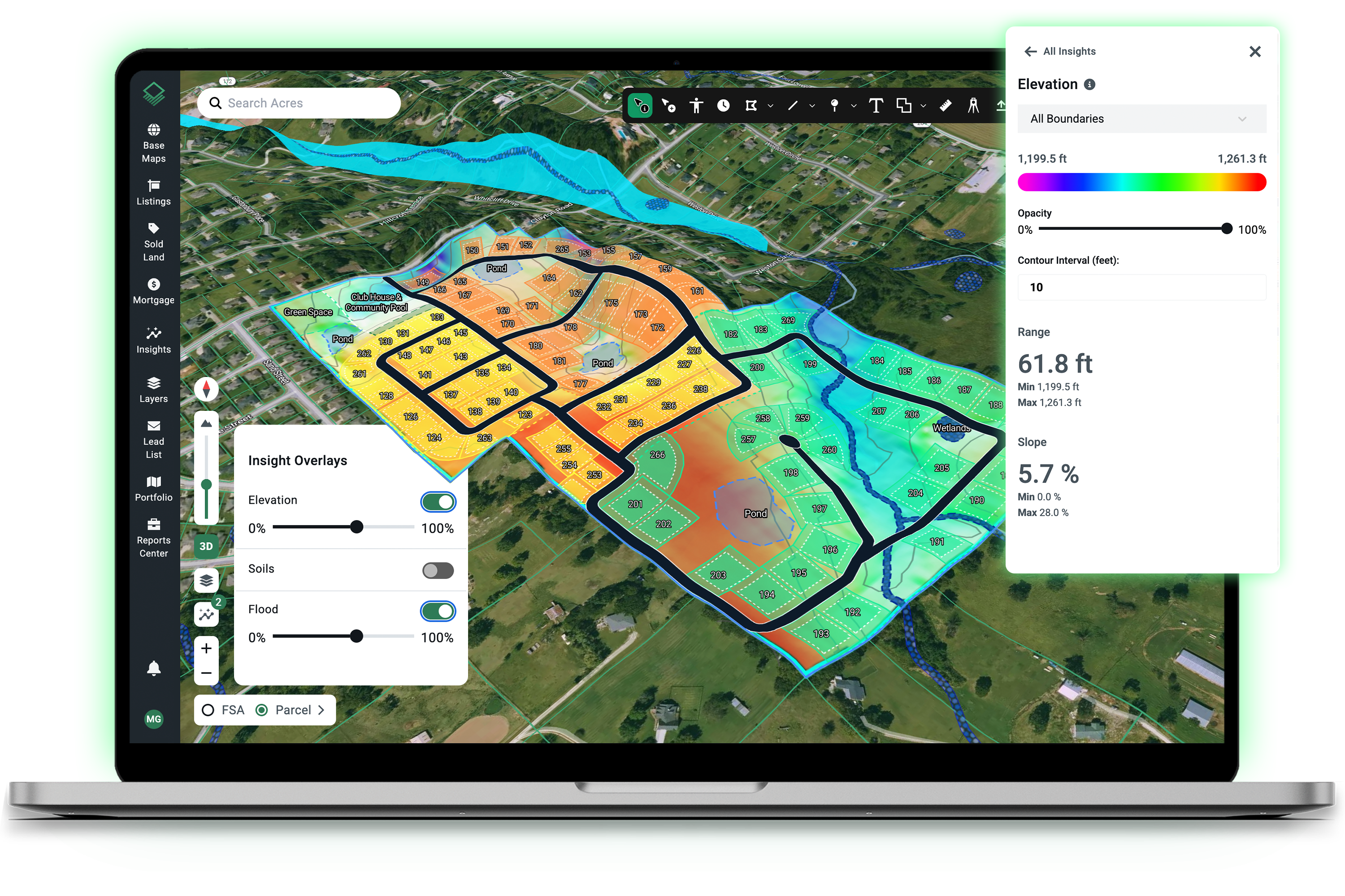 Acres Site Planner laptop screenshot showing elevation and flood overlays active during lot layout drawing, with a heat map displaying 61.8ft elevation range and 5.7% slope data to identify site constraints in real time