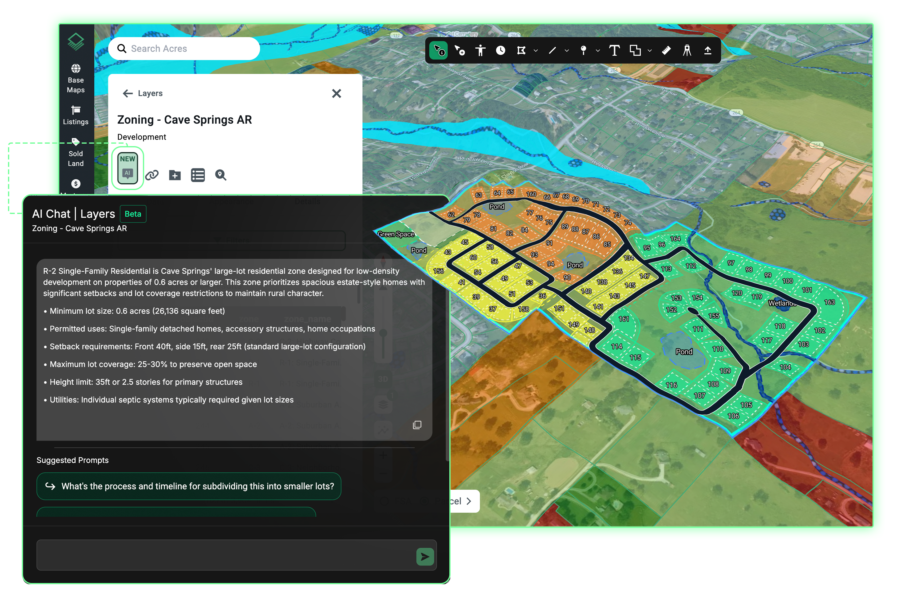 Acres Site Planner screenshot showing zoning AI chat explaining R-3 single-family residential setback, lot coverage, and density requirements for Cave Springs, AR, overlaid on a color-coded zoning map to inform accurate lot yield inputs