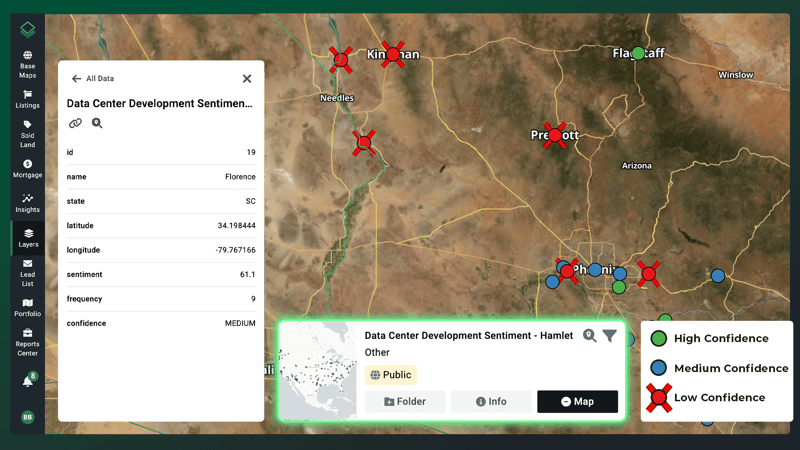 Acres GIS map interface displaying data center development sentiment metrics, confidence ratings, and municipal permitting signals across regional target markets.