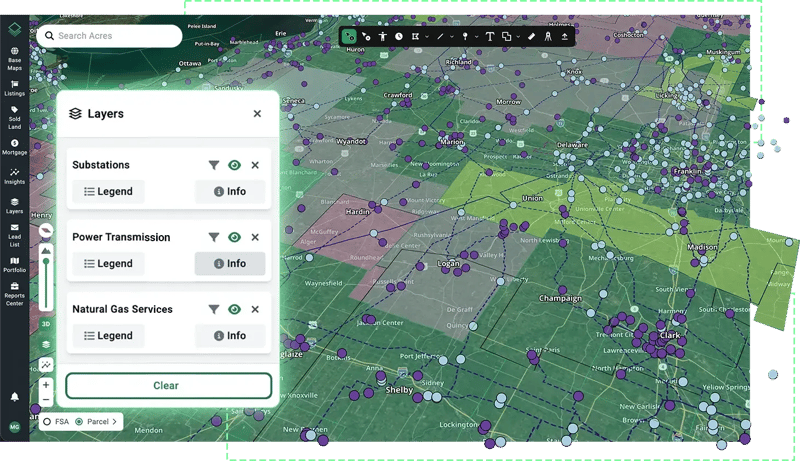 Regional map view on Acres featuring data layers for electrical substations, power transmission lines, and natural gas infrastructure to assess interconnection cost risks