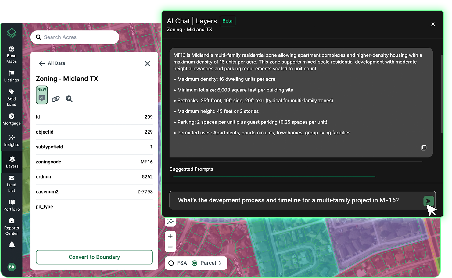 Acres.com AI zoning chat agent displaying a zoning summary for MF16 in Midland, TX including density limits, setbacks, height restrictions, and permitted uses to help land professionals instantly interpret zoning designations