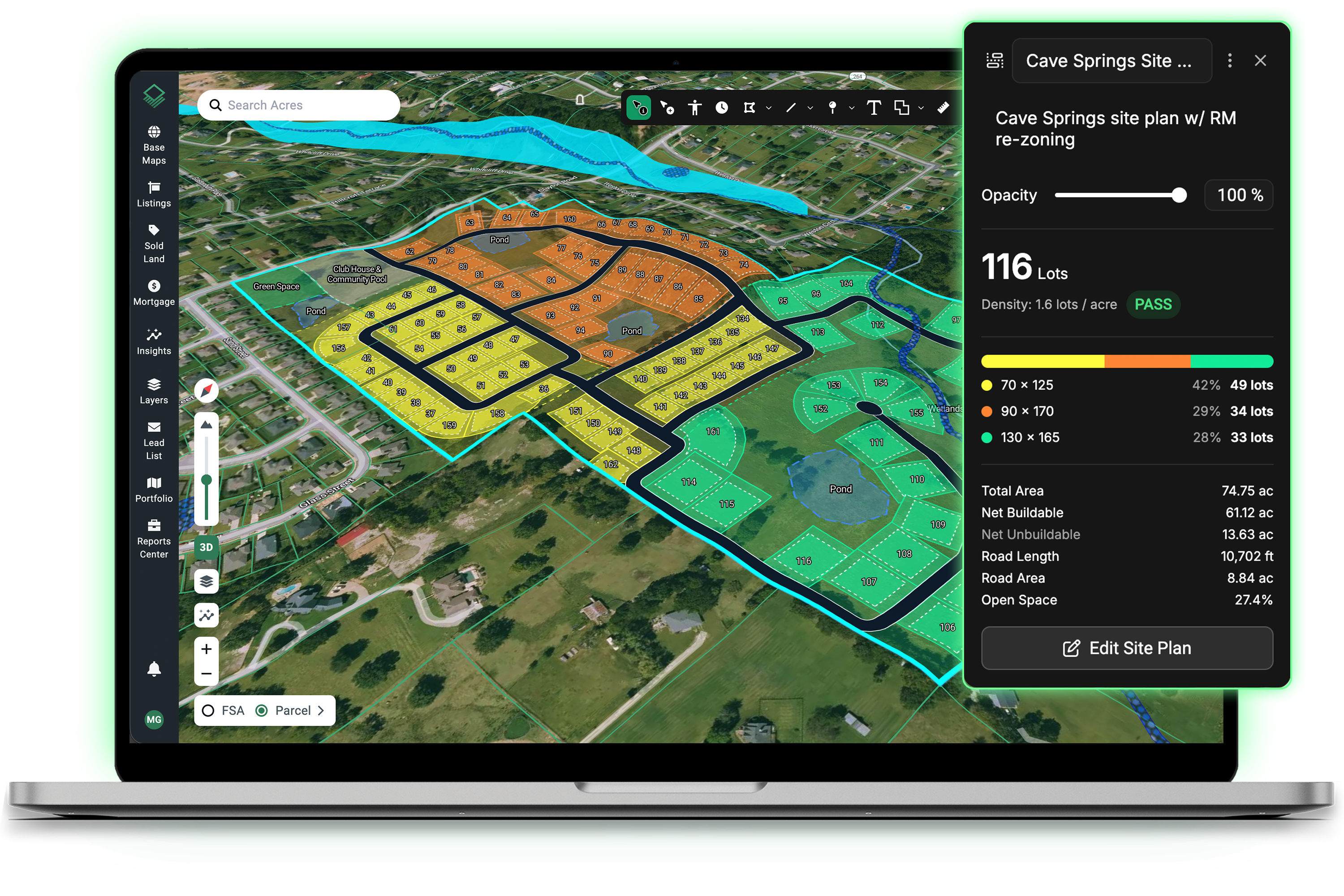Acres Site Planner laptop screenshot showing a lot yield analysis for Cave Springs site with 116 lots passing density requirements, color-coded lot size breakdown, and net buildable acreage summary for residential development feasibility