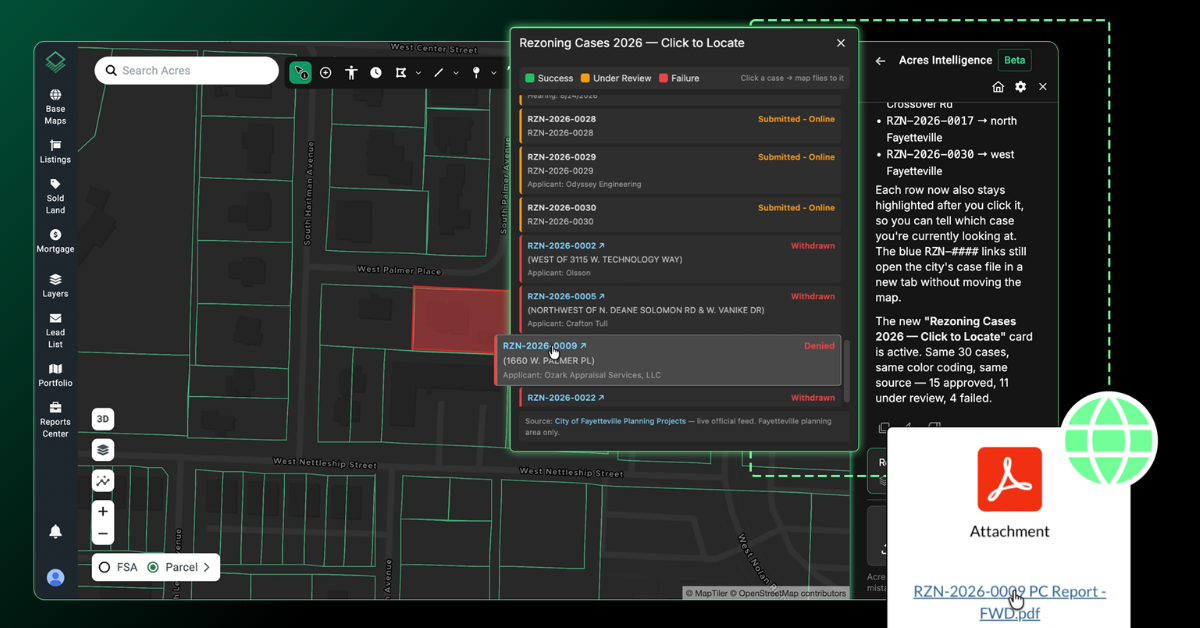 Acres Intelligence AI rezoning analysis platform displaying municipal precedent, future land use data, and local land entitlements on an interactive GIS map.